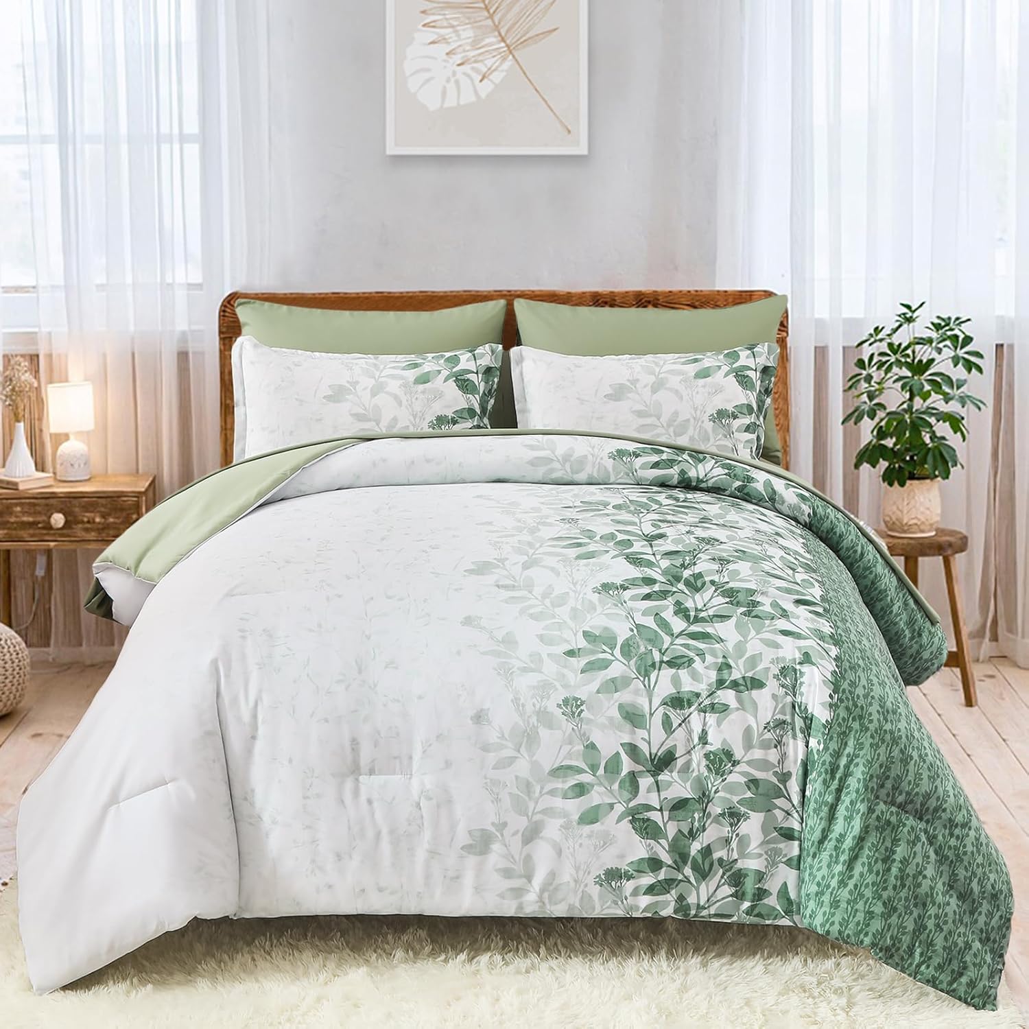 Dobuyly Sage Green Queen Comforter Set Botanical Leaves Bed