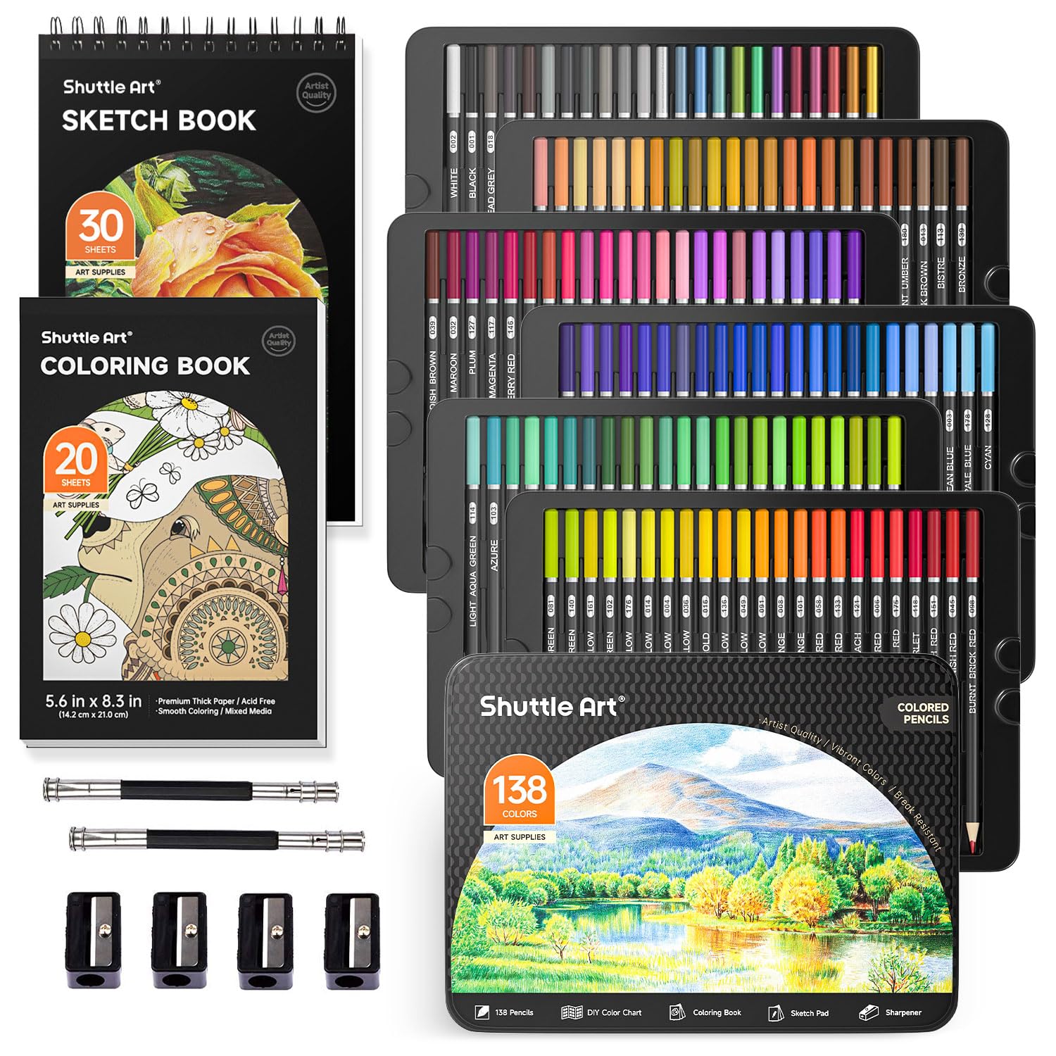 Shuttle Art 138 Colored Pencils for Adults, Soft Core Coloring Pencils Set with 1 Coloring Book,1 Sketch Pad, 4 Sharpener, 2 Pencil Extender, Perfect