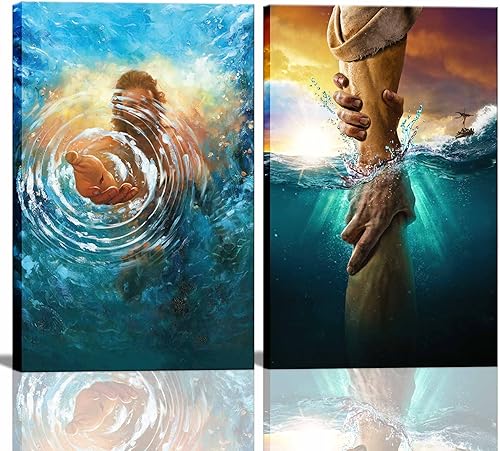 2 piezas enmarcadas de arte de pared de Jesús La mano de Dios Jesús alcanzando hacia el agua Cristo religión lienzo decoración de pared océano azul