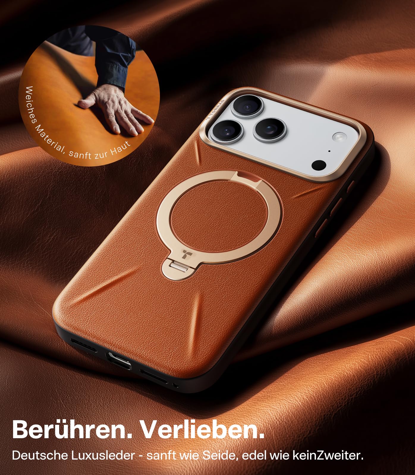 TORRAS Ostand Q3 VegSkin für iPhone 17 Pro Max Hülle (Nachhaltig Silikonleder) (360° Magnetischer Unsichtbarer Ständer) Premium Haptik Langlebig Hülle iPhone 17 Pro Max Case Edle Lederstruktur Braun