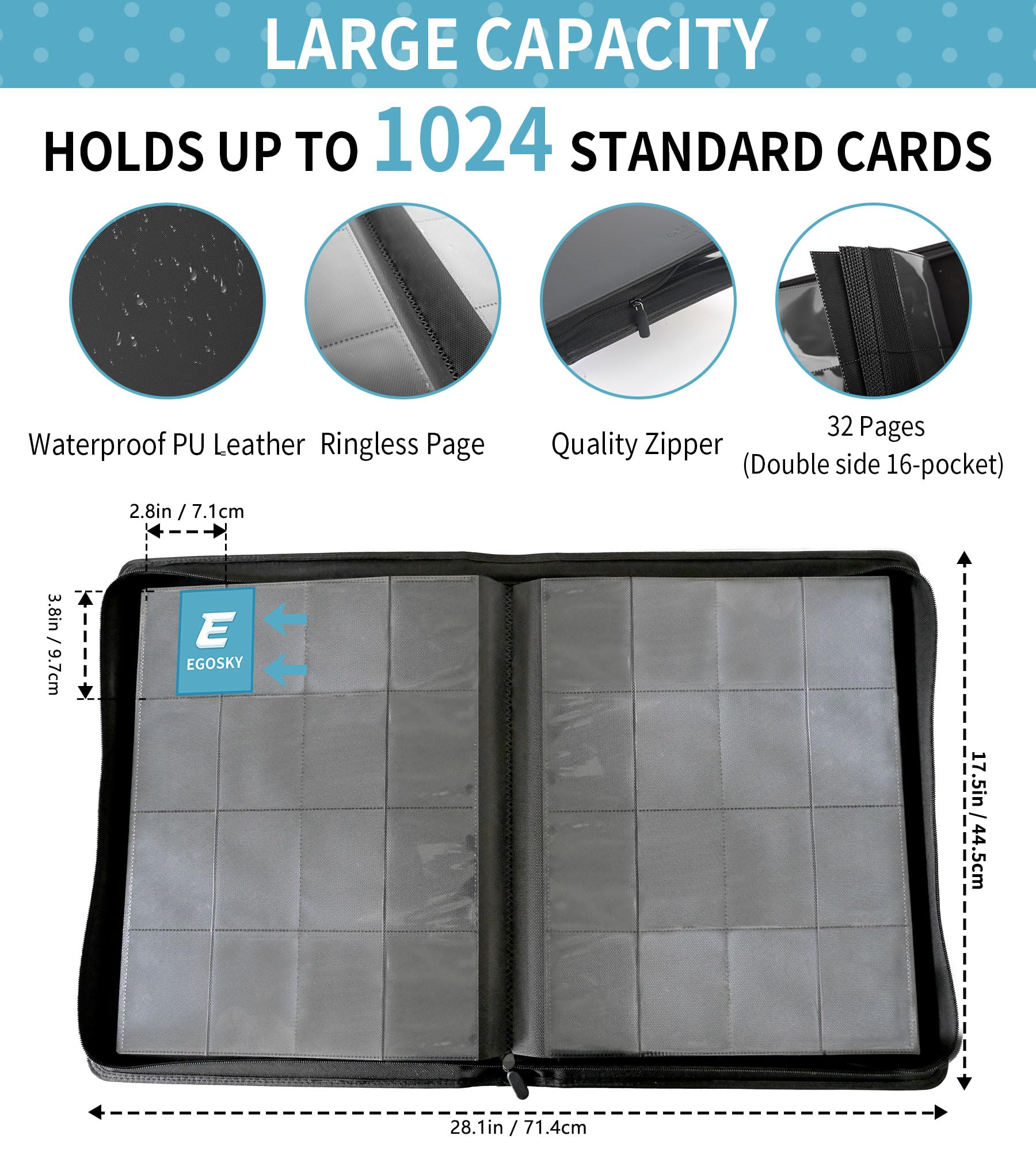 EGOSKY Card Binder 16 Pocket, 1024 Pockets Zipper Trading Card Album - Image 2