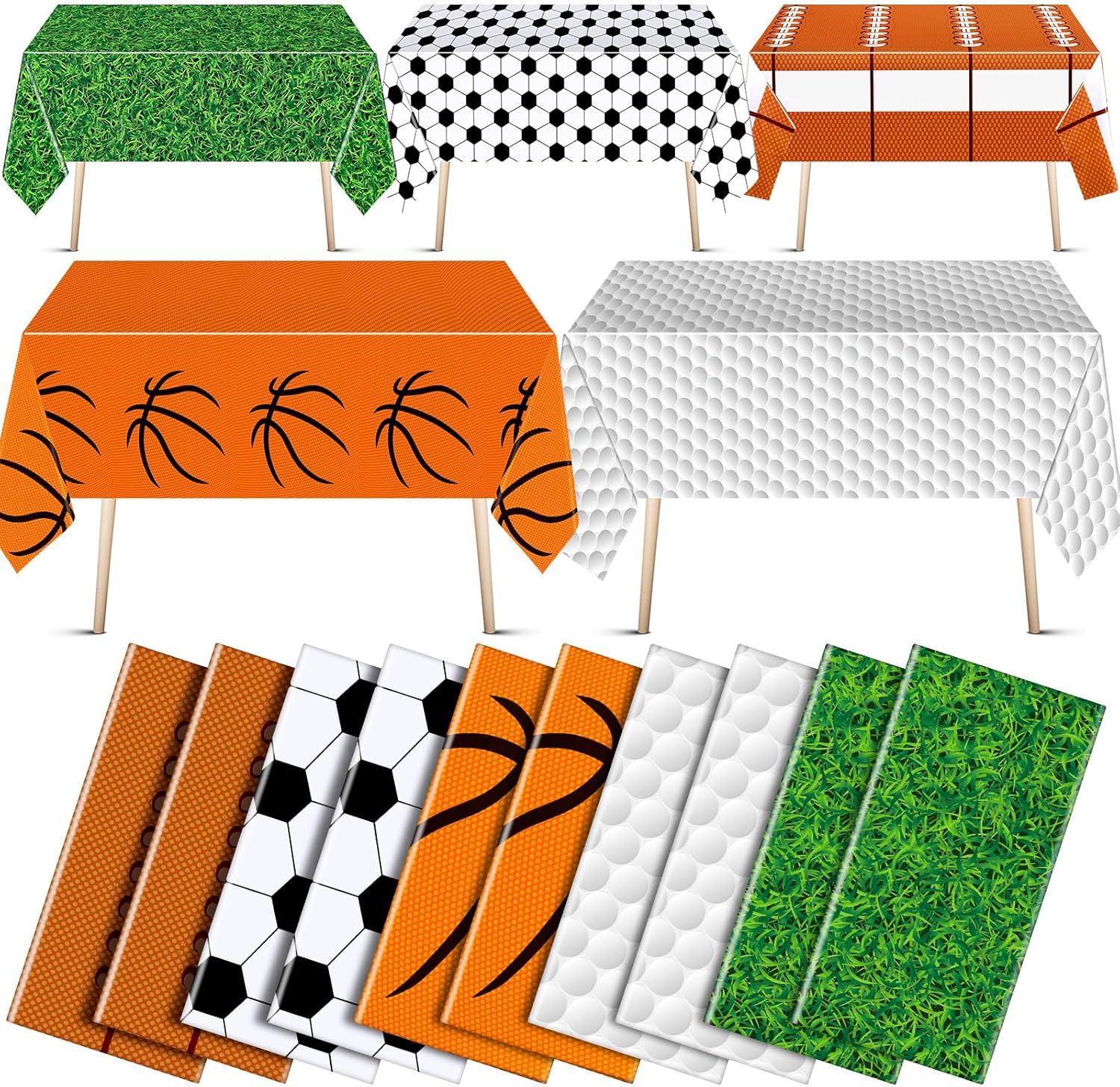 Preboun 10 Pcs Sports Plastic Tablecloths 54 x 108 Disposable Basketball Football Soccer Golf Table Cover for Sports Birthday Party Decoration