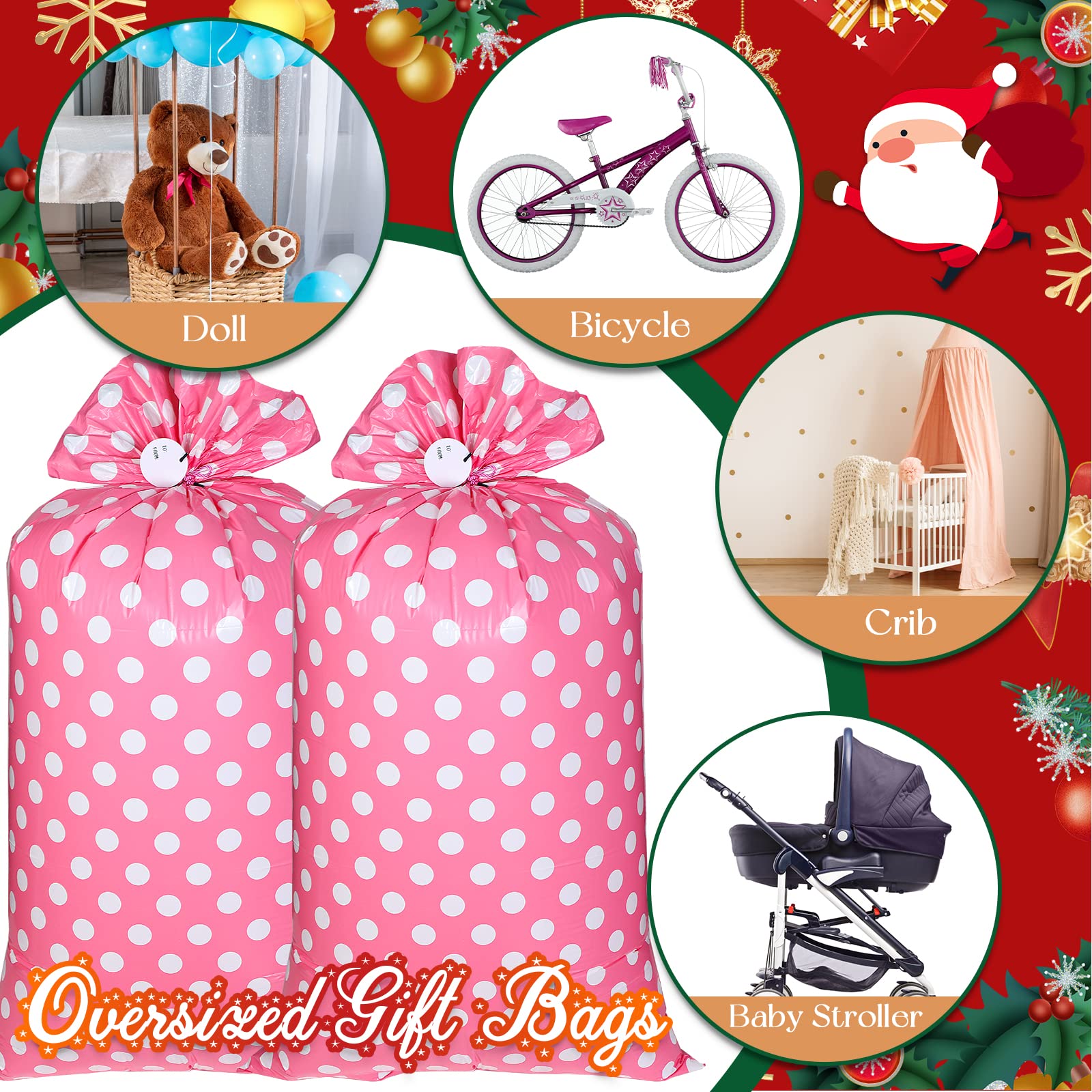 Sabary 2 Pcs 70 x 40 Inch Bike Gift Bag Giant Jumbo Birthday Gift Bag for Huge Gifts Extra Large Plastic Gifts Bags for Christmas Bicycle Baby Shower Wrapping Supplies(Dot,Pink White)