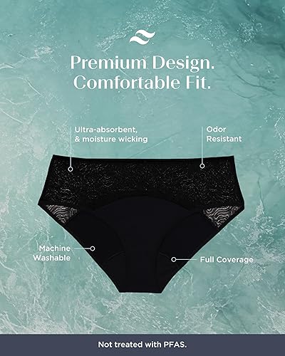 Miniatura 5 de saalt Ropa interior de encaje hipster - Ropa interior de tiro medio a prueba de fugas para mujer - Encaje europeo suave y elástico