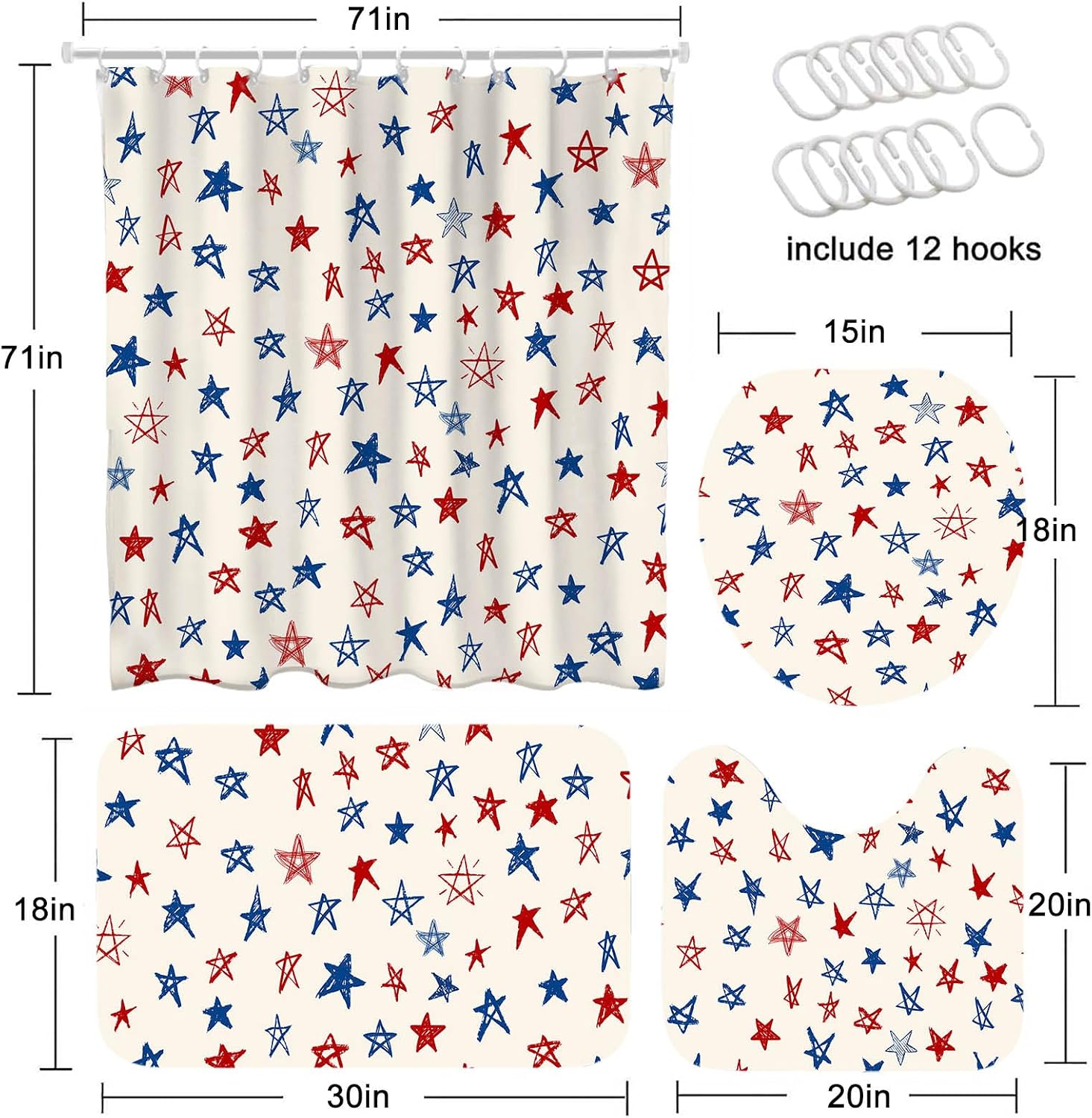 Mocsicka 4th of July Shower Curtain Set American Memorial Day Red Blue Stars Shower Curtain Set Independence Day 4th of July Bathroom Decor with Non-Slip Bath Rugs, Toilet Lid Cover image 3