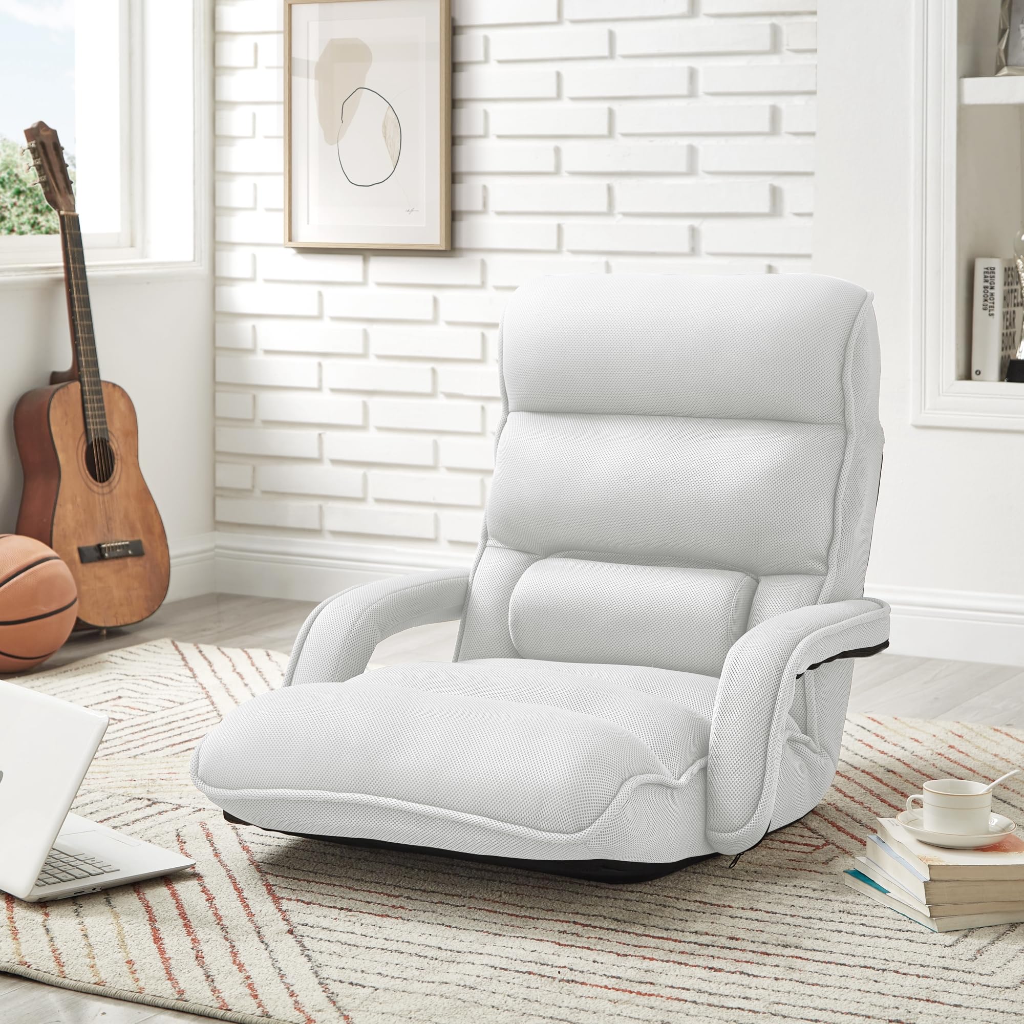 Loungie Dalilah Recliner/Floor Chair, Foldable, Mesh, Adjustable  Positions, Washable Cover, White