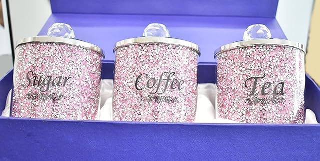 Biznest Crushed Diamond PINK Diamante Tea Coffee Sugar Canisters Jars Organiser Containers Set Gift Present For All Occasion Home Decoration