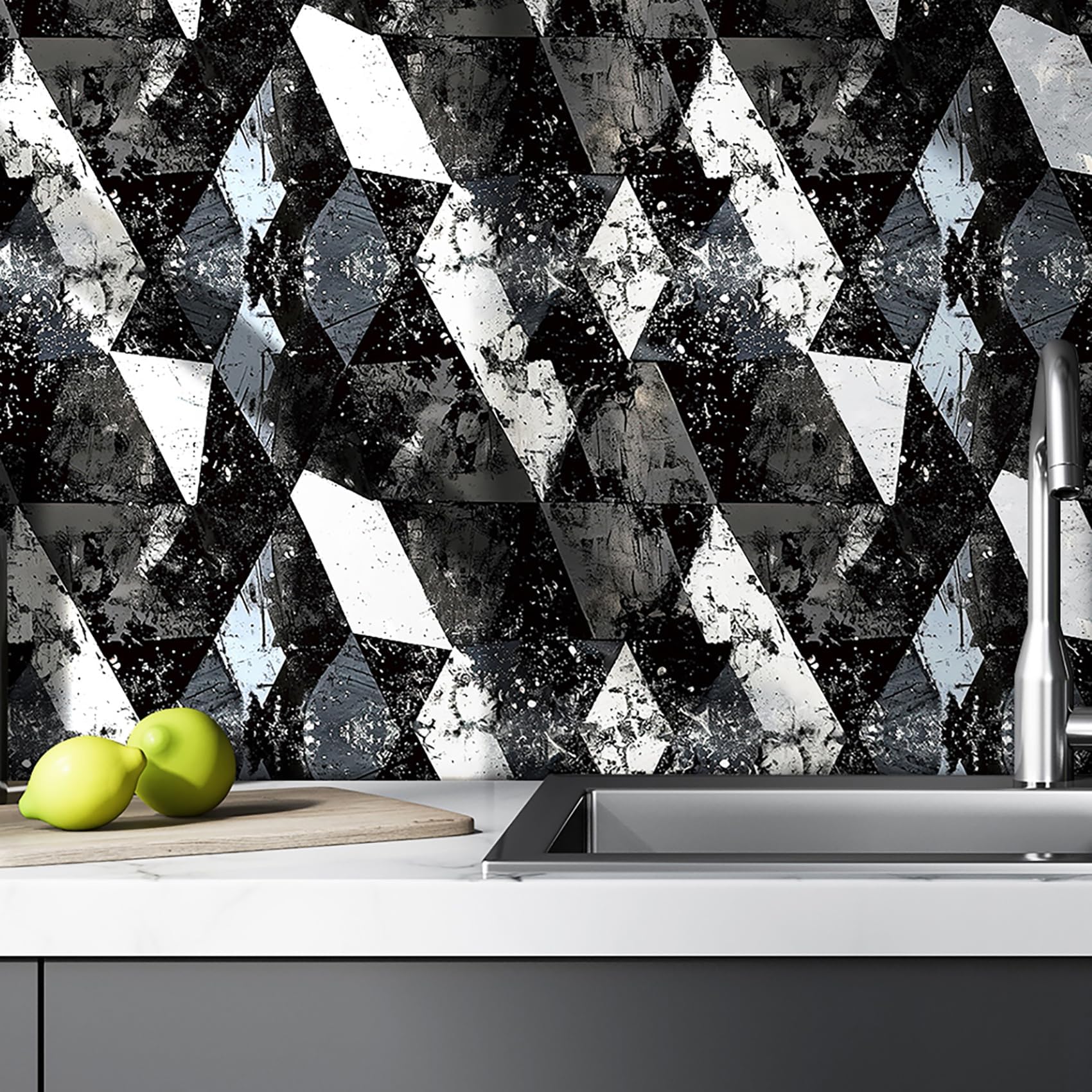 Papel pintado geométrico negro Livelynine para pared de sótano 17.5x78.8