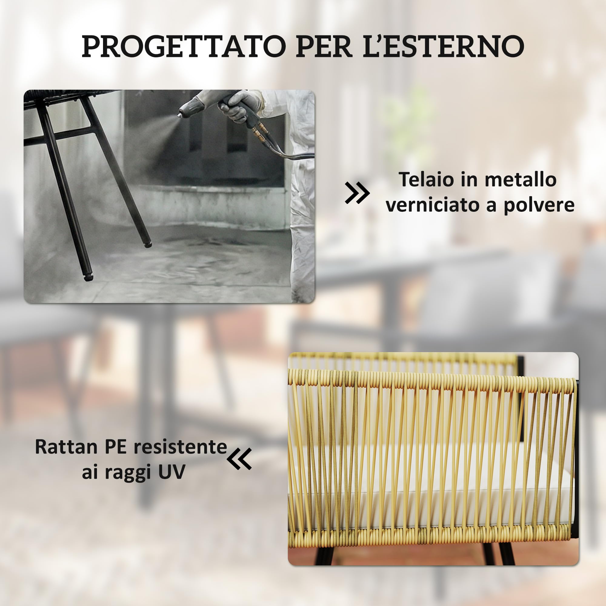 Outsunny Set Tavolo e Sedie da Giardino in Rattan 5 Pezzi, Pranzo Esterno con Tavolo Effetto Legno, Cuscini Lavabili, Salvaspazio