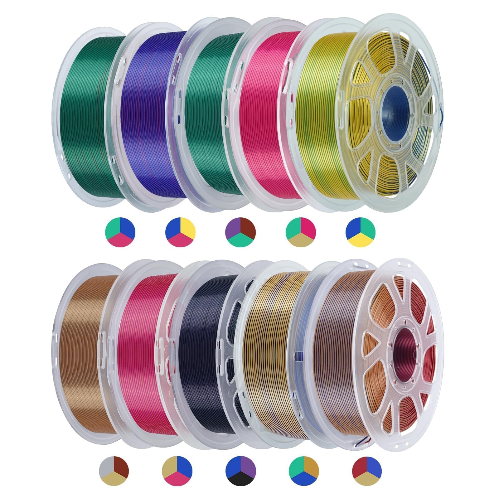 10-Pack Multicolor Silk PLA 3D Printer Filament