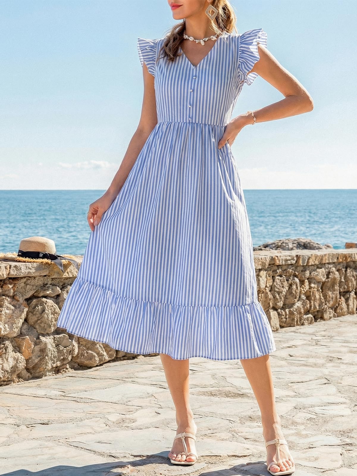 CUPSHE - Vestido de verano casual a rayas con cuello en V y mangas con volantes para mujer