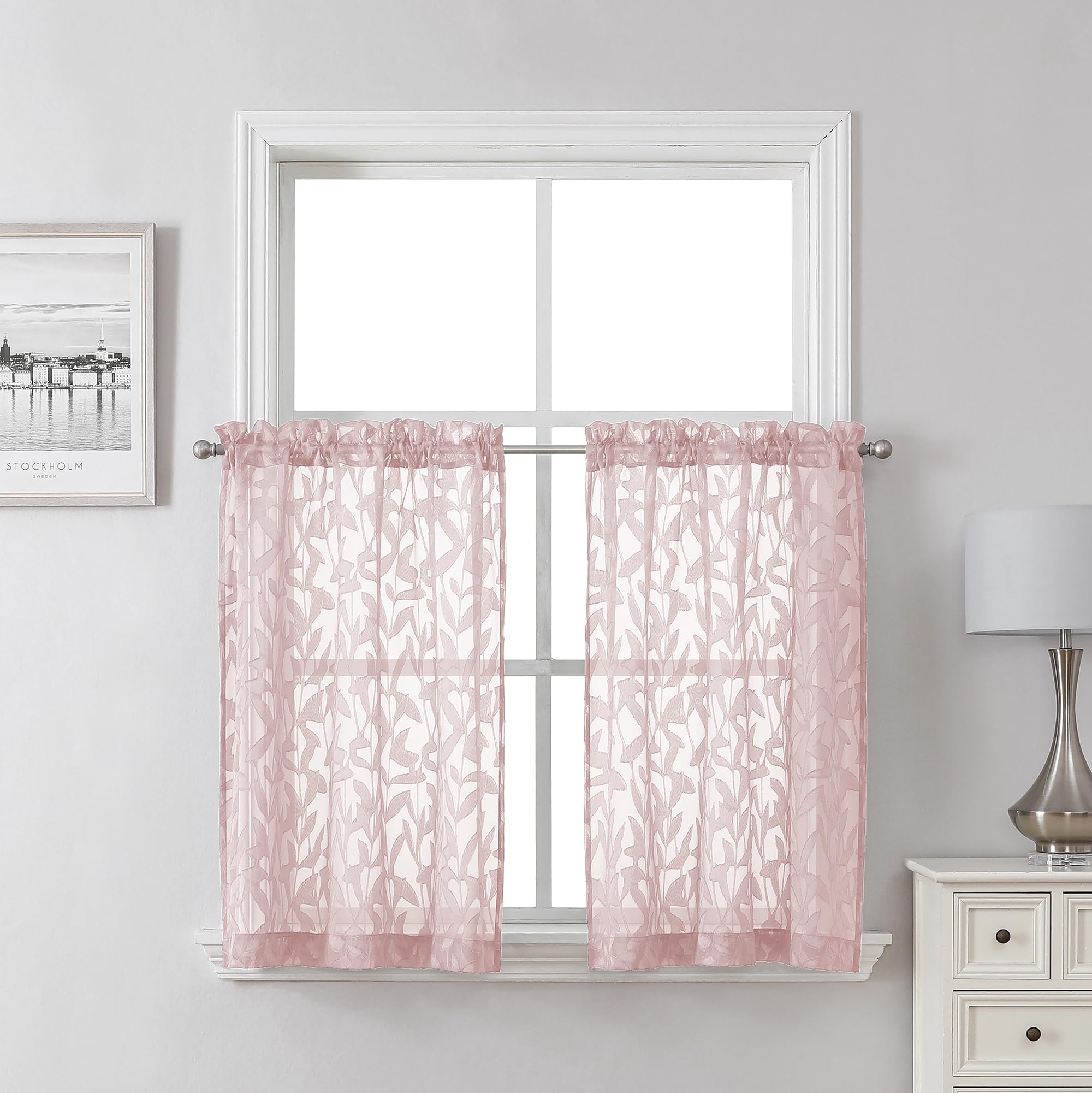 Lecloud Leia Jacquard Textured Blush Sheer Kitchen Curtains 36 Inch Length 2 Packs, Airy & Breathable Clip Leaf Living Room/Dining Room/Cafe/Bedroom Voile Pink Curtain & Drapes with Dual Rod Pockets,