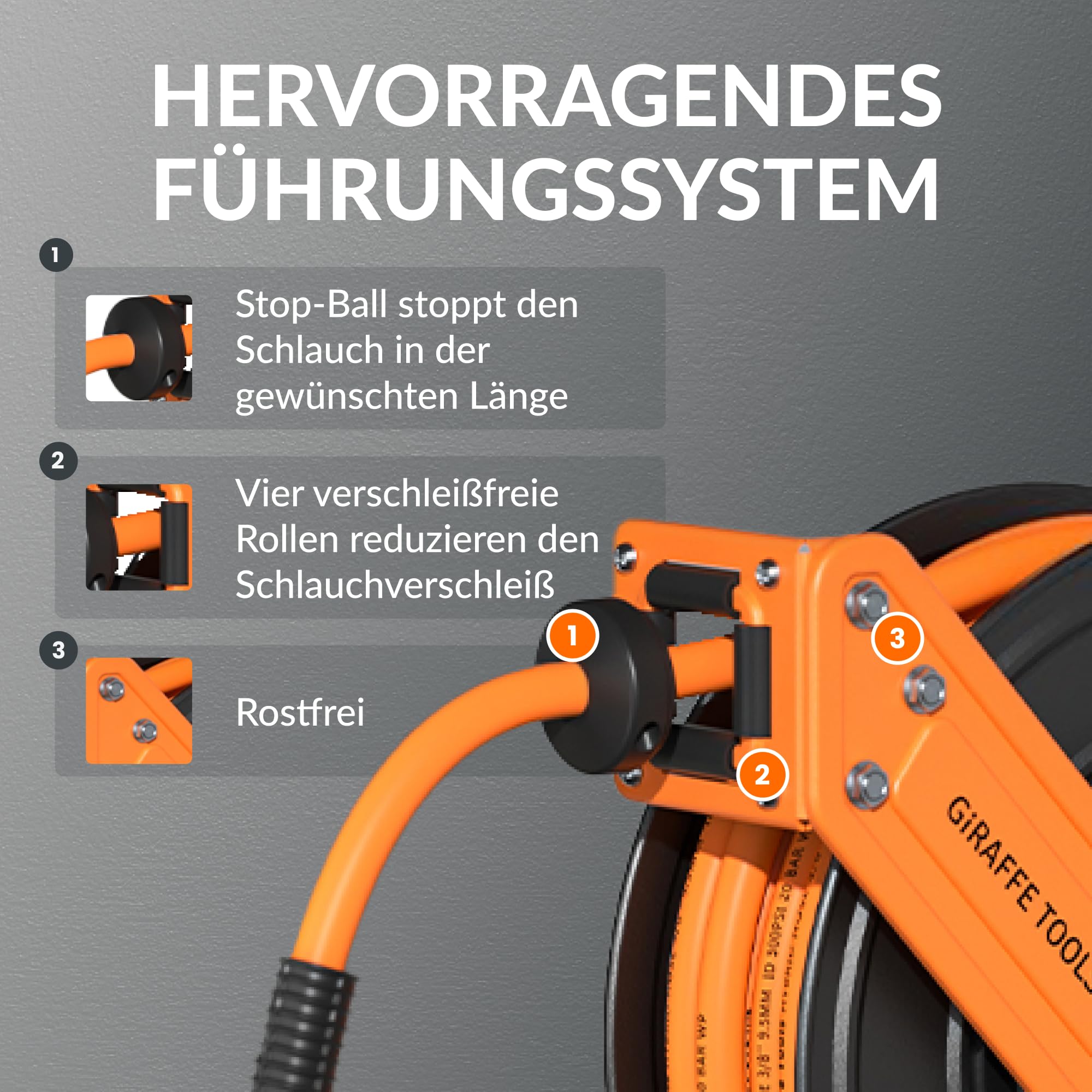 Giraffe Tools Automatik Druckluftschlauchtrommel 15M-Robuster Aufroller mit 1/4" Anschluss&3/8" Schlauch (Ø9,5mm) max 300PSI für Werkstatt und Garage-Plus Version mit 180°Schwenkbracket und Zubehörset