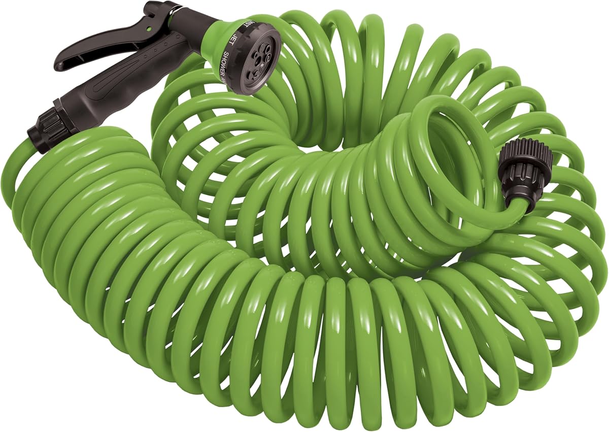 Coil Garden Hose, 25 ft, with 8-Pattern Nozzle, Green - 26380 | Flexible Coil Garden Hose with 8-Pattern Spray Nozzle for Lawn & Garden Watering, Lightweight & Easy to Store