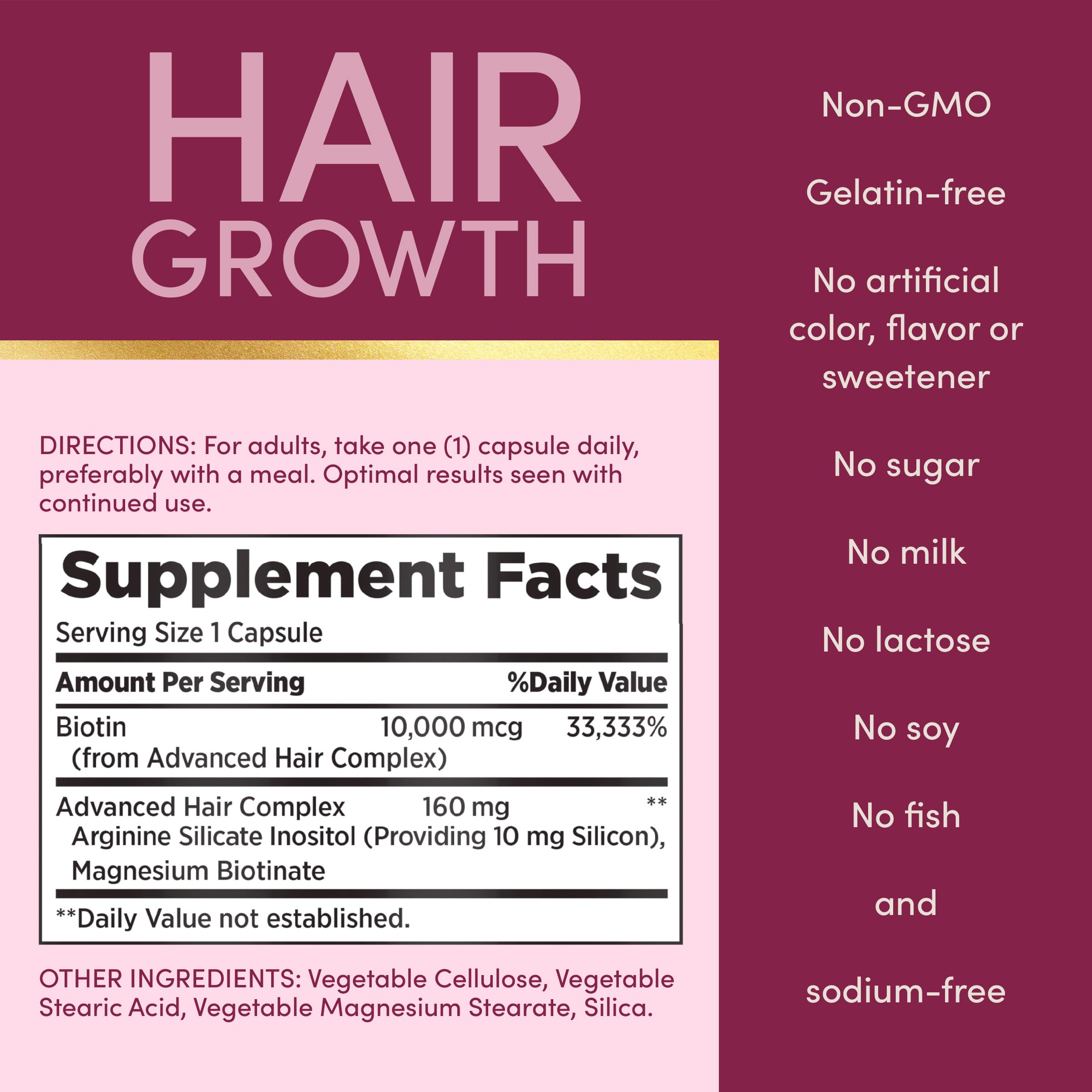 Nature's Bounty Optimal Solutions Hair Growth Supplement with Biotin, Hair Growth Vitamins with Biotin Silicon & Arginine, 1 Per Day, 30 Capsules, One Month Supply