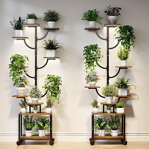 Miniatura 7 de Soporte para plantas de 9 niveles con ruedas, estante alto de metal y madera para plantas de interior con diseño de árbol, estante rodante para