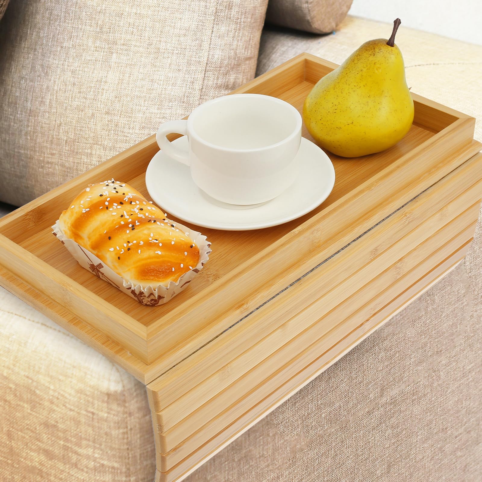 Rhaiqbvc B Natural Amboo Sofa Arm Tray, Foldable Couch Arm Tray With Couch Cup Holder,Anti-Slip Sofa Armchair Caddy Table For Drink Cellphone Tv Remote Snack Magazine,45.7×33.5 Cm (Wood Ii)
