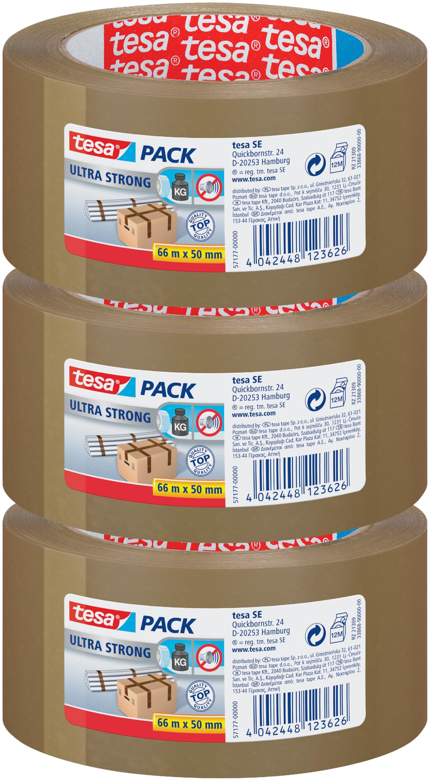 tesa tesapack Ultra Strong - PVC-Klebebänder für festes Verpacken und sicheres Bündeln - Braun - 66 m x 38 mm (3 Rollen, Braun, 66m x 38mm)