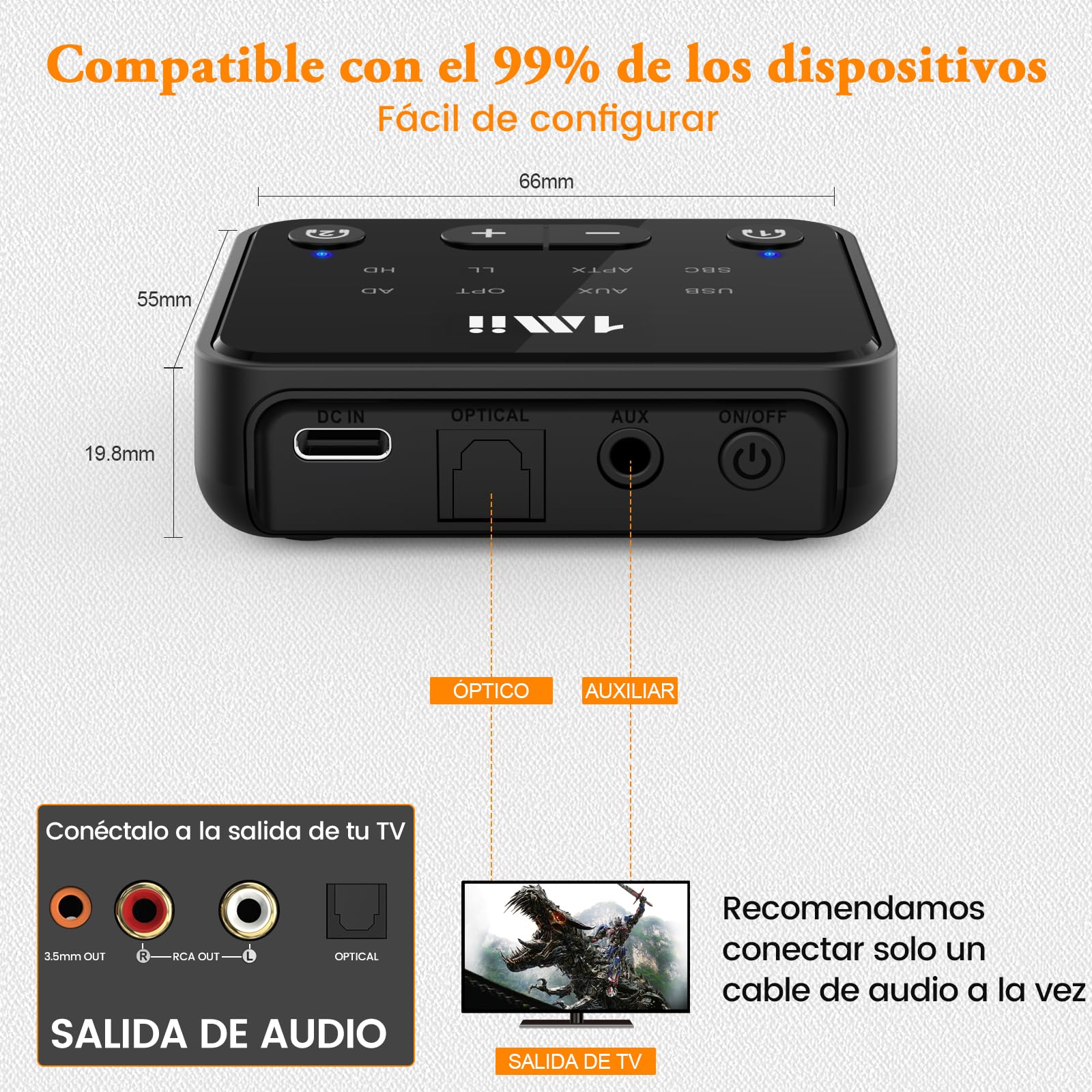 1Mii Transmisor Bluetooth 5.3 para TV a 2 Auriculares/Altavoces, Adaptador Bluetooth de Largo Alcance de 30 m para TV con Control de Volumen, Entradas de Audio Ópticas/AUX/RCA, aptX Adaptive/HD