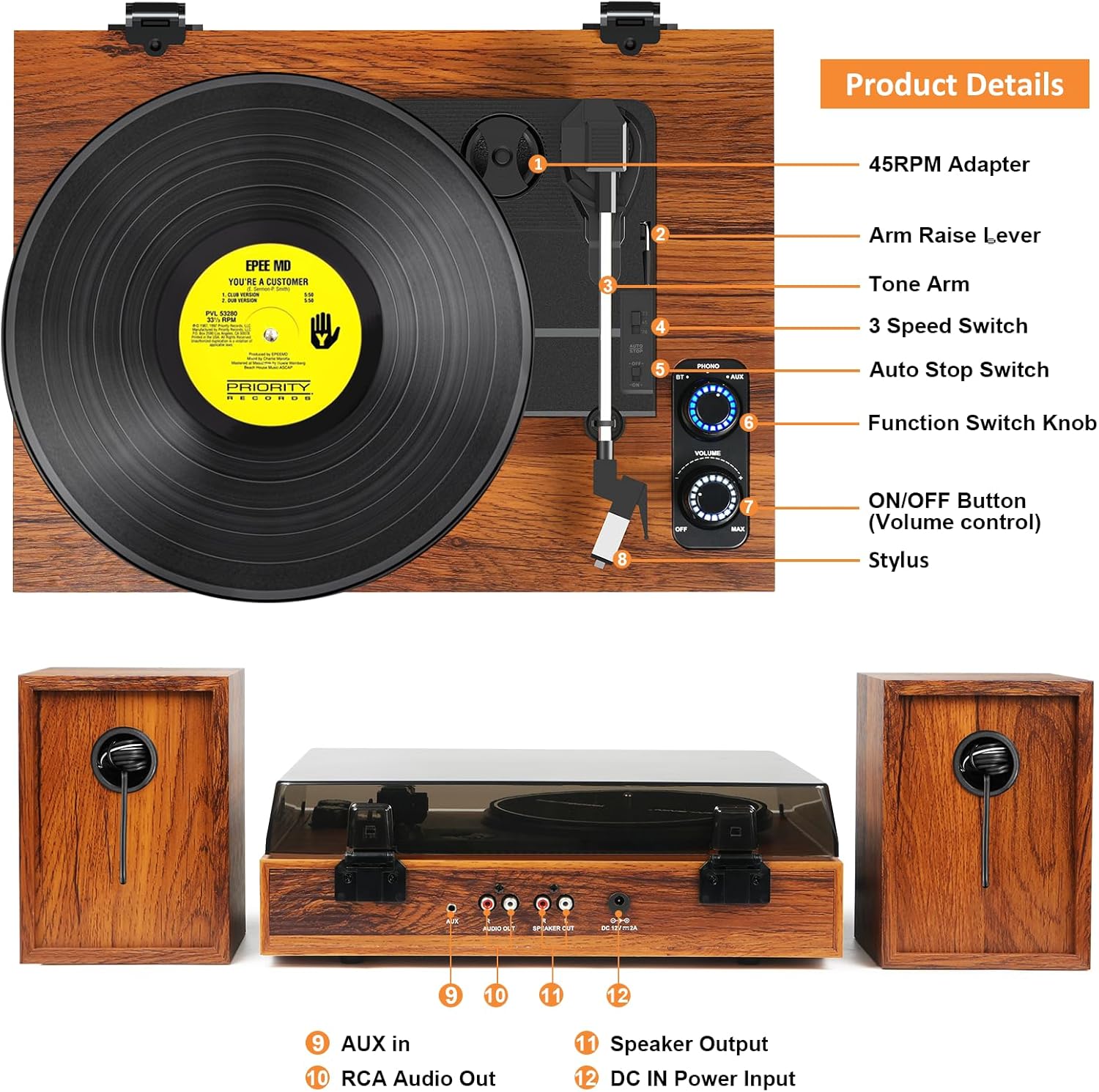 Diagram of TANLANIN TE-2028BR turntable components