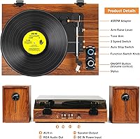 Vista 8 de Tocadiscos de vinilo con altavoces externos, tocadiscos Bluetooth de 3 velocidades para discos de vinilo, reproductor de discos vintage