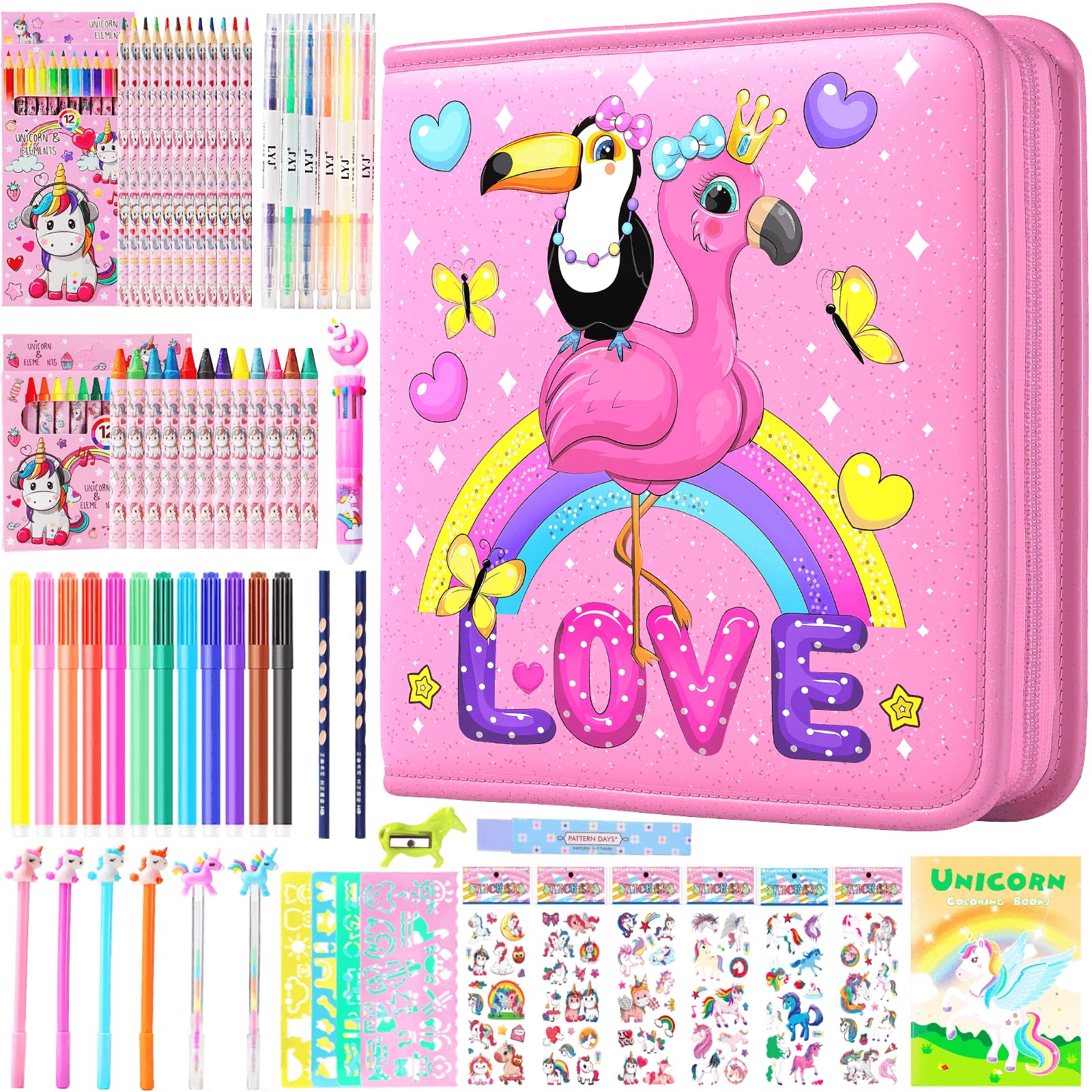 DOKKIA Fruit Scented Coloring Pens Markers Set 65 PCS Art Craft Drawing Case - Washable Kits Pencil,Gel Pen,Crayon&Coloring Book Supplies Flamingo
