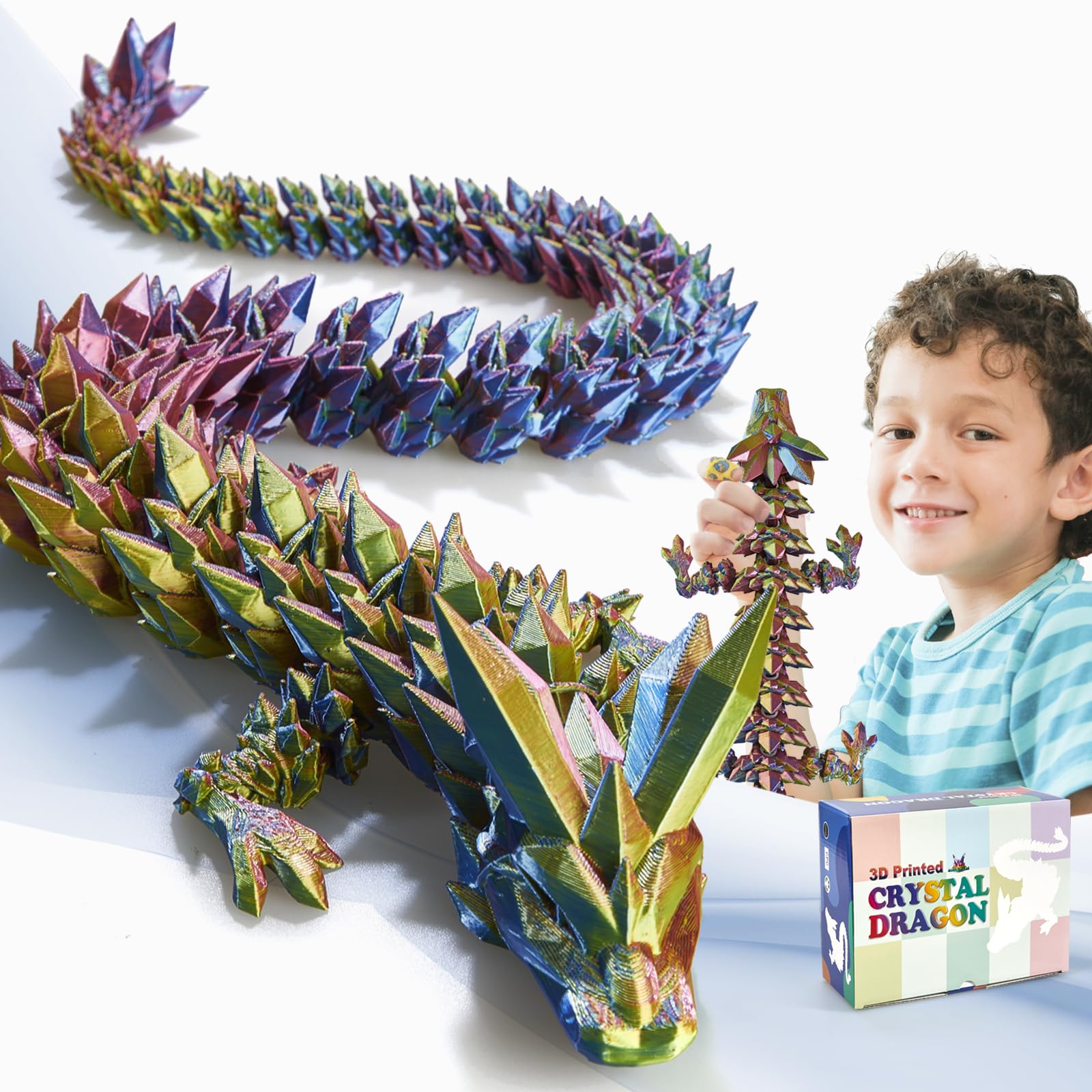 MatureBear 24-Inch 3D Printed Dragon Toy, Fidget Crystal Articulated Animal Decor (Red, Gold, Blue)
