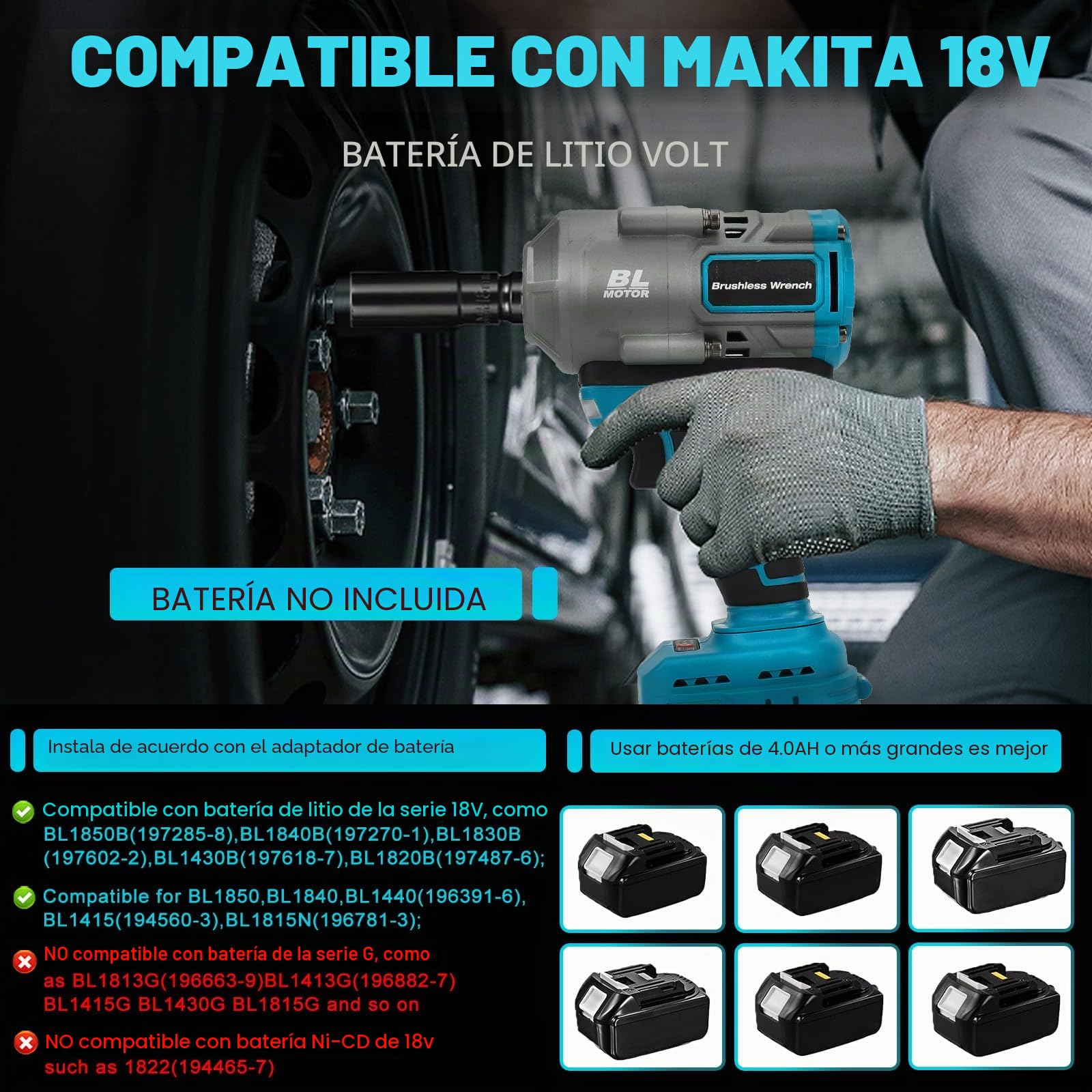 Llave de impacto con batería de 1100 Nm para Makita 18 V batería (sin batería), llave de impacto sin escobillas de 1/2 pulgadas con 7 llaves de vaso y luz LED