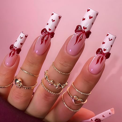 24Pcs Valentines Day Press on Nails Long Square Fake Nails Petite Red Heart False Nails with Cute Red Embossed Bow Designs White French Tips Nails Press ons Glossy Mini Heart Acrylic Nail for Women