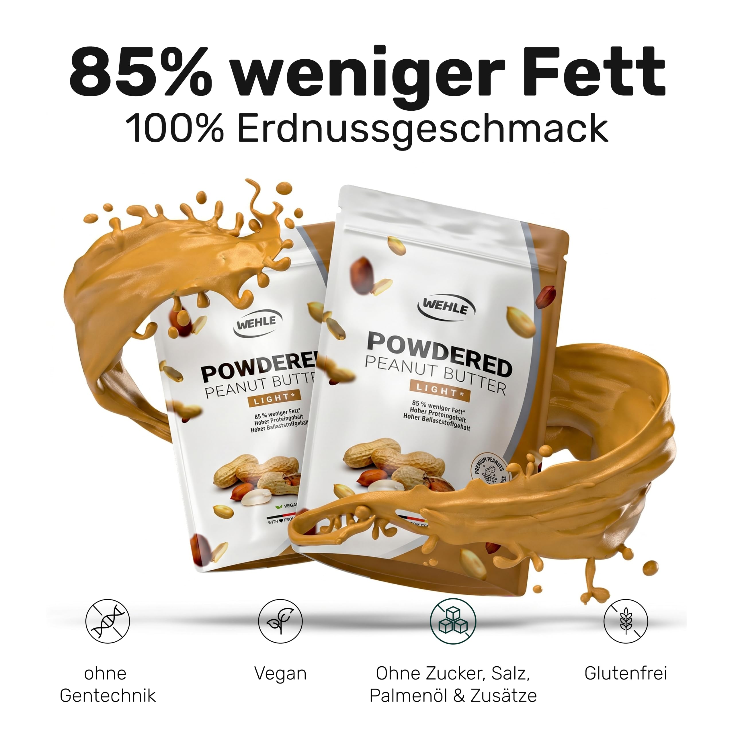 Erdnussbutter light Pulver 1 kg / 1000 g - Powdered Peanut Butter 85% weniger Fett, ohne Zucker I Peanut Creme mit leckerem Geschmack, Wehle Sports - Verpackung kann variieren