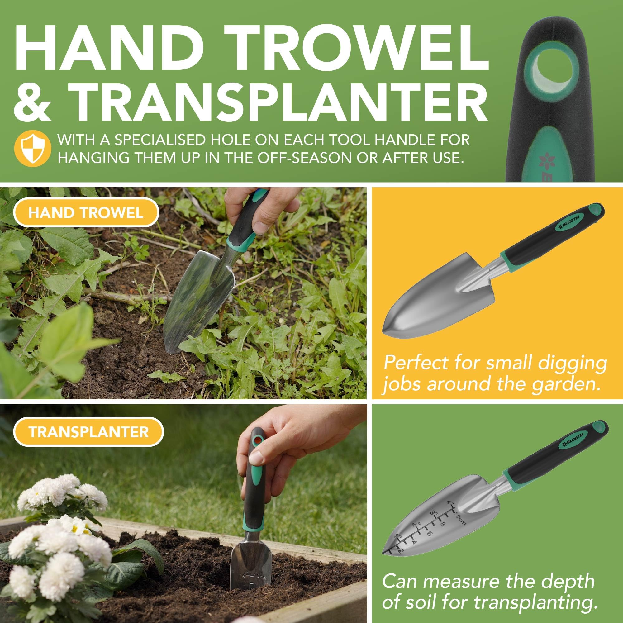 BLOSTM Juego de herramientas de jardinería de 11 piezas, kit de herramientas de jardín resistente con bolsa de mano impermeable, juego de paletas de jardín a prueba de óxido (verde/negro)