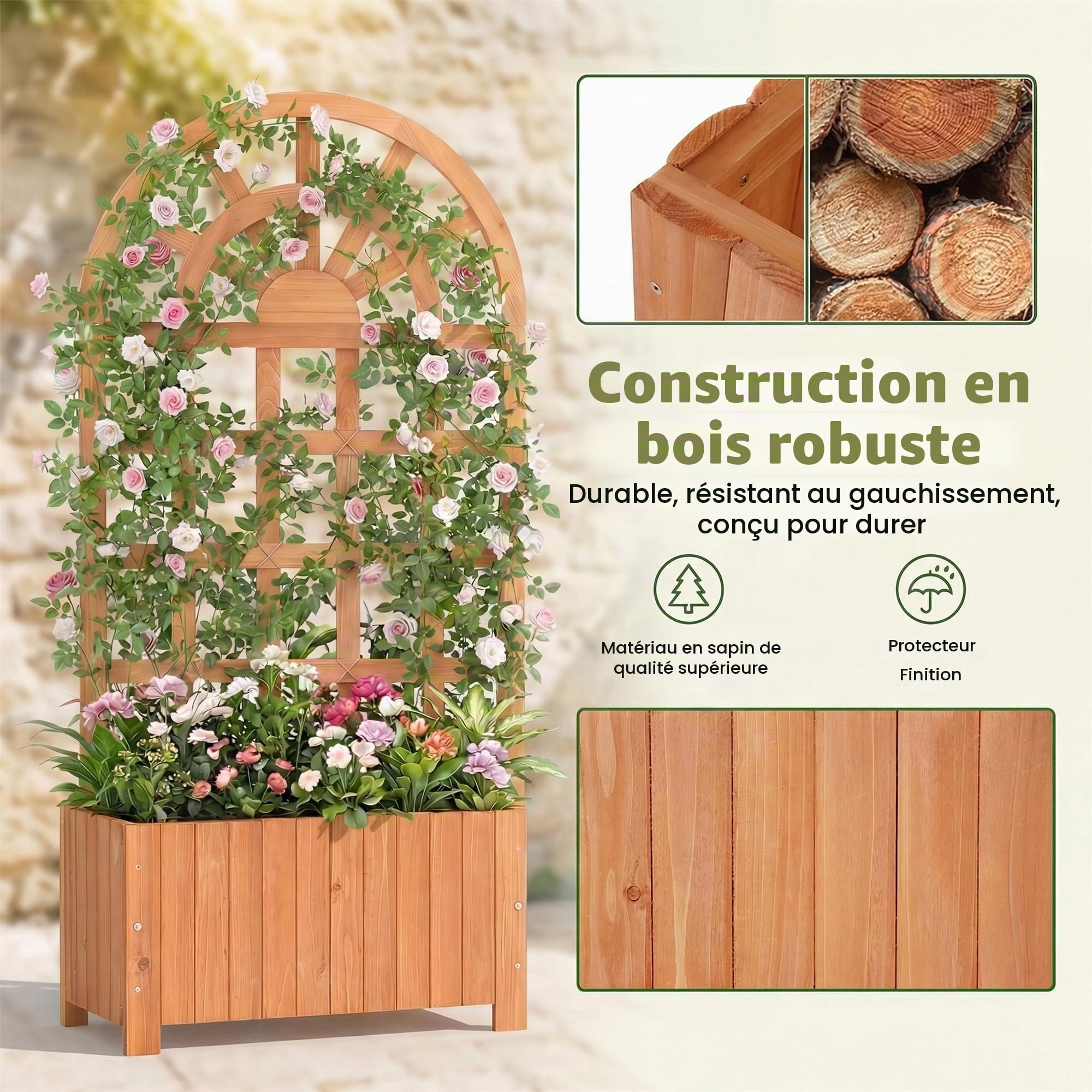 HOMASIS Jardinière avec Treillis en Bois, Carré Potager Jardinière Brise-Vue avec Trou Drainage, Lit Surélevé de Jardin, pour Plante Grimpante Vigne, Intérieur et Extérieur (Marron, 61 x 30 x 121 cm)