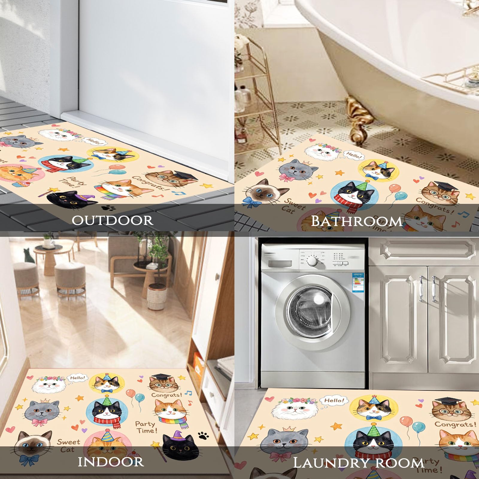 Felpudo Entrada Casa Gato Fiestero 80x120cm | Alfombra de Puerta Cara De Gato De Dibujos Animados, Felpudo de Bienvenida, Antideslizante, Alfombra Decorativa de Perfil bajo para Pasillo y Sala