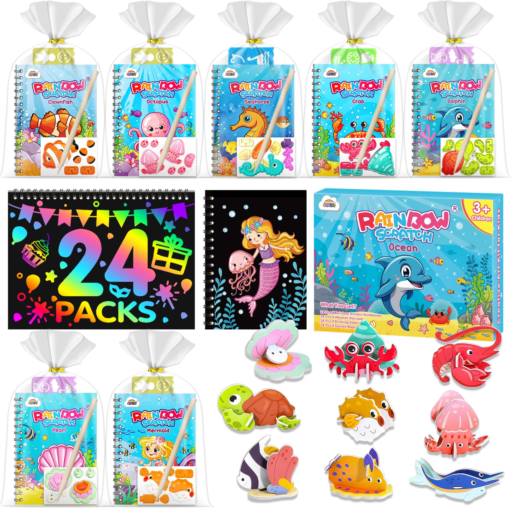ZMLM Scratch Art Bambini Set of 24 scratch books + 24 Stencil + 24 Penne in Legno + 24 Puzzle 3D - Pensierini Gadget Compleanno Bambini - Regalini Fine Festa Compleanno per Alunni 3-12 Anni (Oceano)