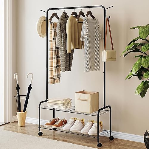 Perchero para ropa, diseño 2 en 1, perchero con 4 ruedas, zapatero con estante de almacenamiento de 2 niveles, perchero con 4 ganchos para bolsas,