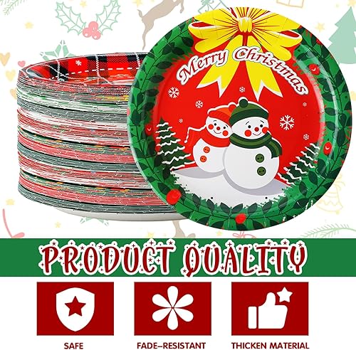 Miniatura 3 de 100 platos de papel de Navidad, redondos, desechables, suministros de fiesta de Navidad con colorido diseño de árbol de Papá Noel, alce, muñeco de