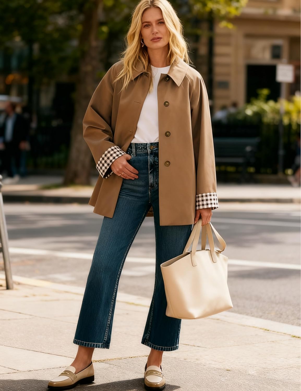 Dqbeng Womens Trench Coat Oversized Button Up Jacket Plaid Lined Classic Outerwear with Pockets - Image 6