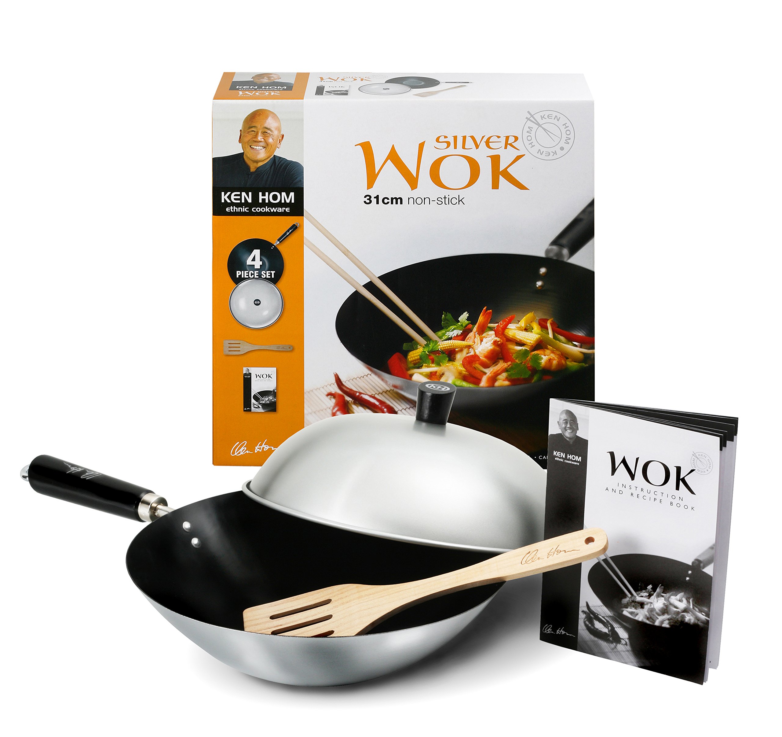 Ken Hom Everyday 31cm Carbon Steel Non-Stick 4 Piece Wok Set with Lid