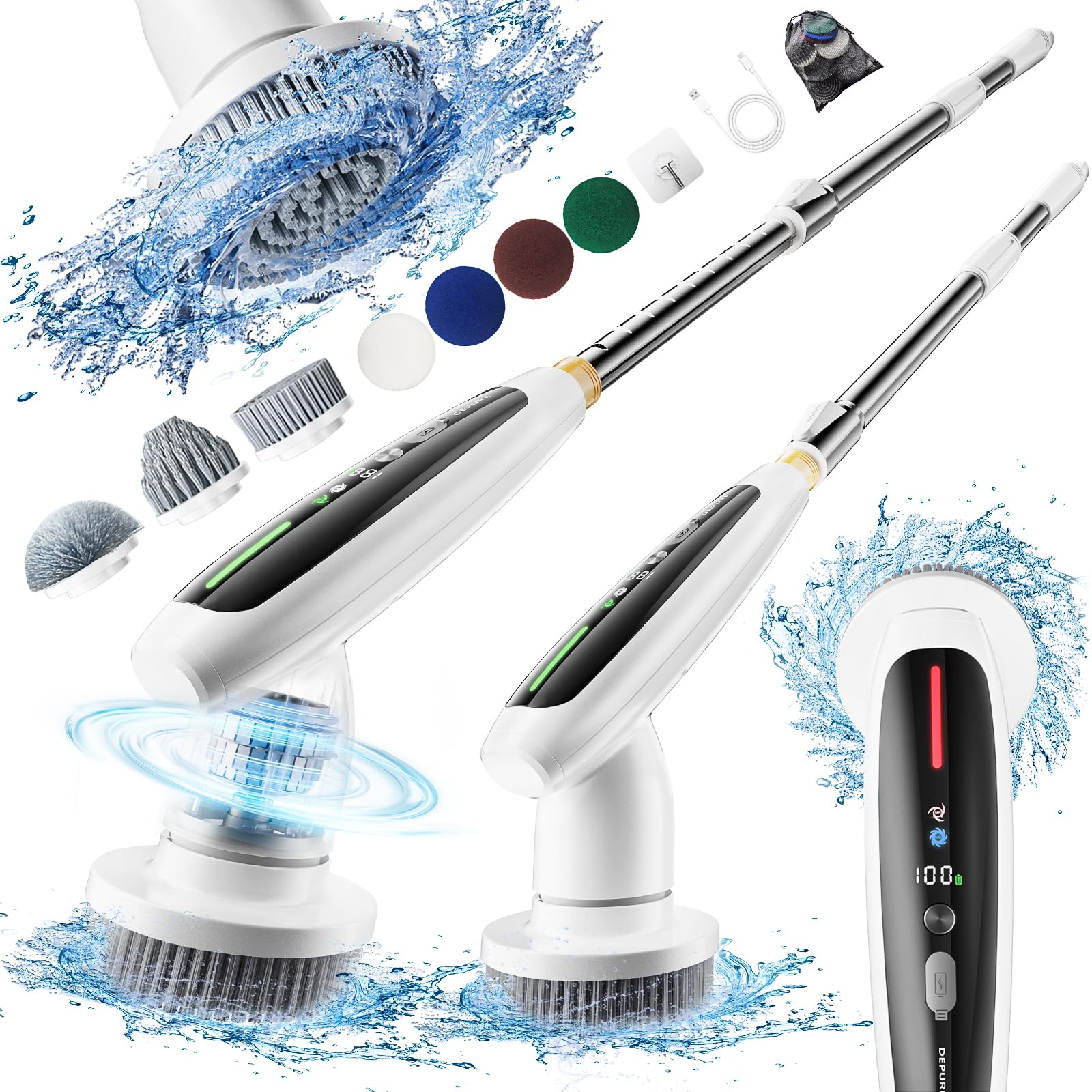 DEPURE Electric Spin Scrubber, Quiet Cordless Shower Scrubber, 8 Replaceable Heads, Adjustable Extendable Pole, Dual-Speed Power Cleaning Brush with Long Handle for Bathroom
