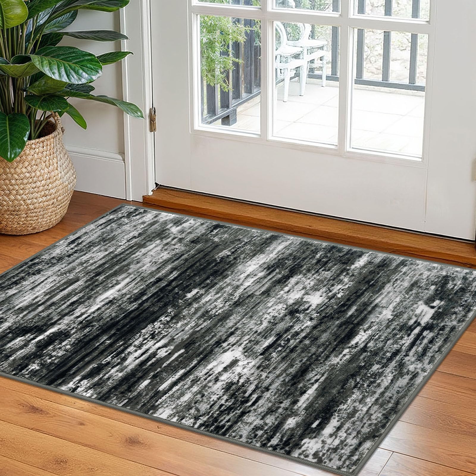 KOZYFLY Modern Abstract Entryway Rugs 2x3, Washable Kitchen Rug Non-Slip Soft Small Bathroom Rug, Black Grey Striped Small Area Rugs Print Faux Wool Doormat for Bedside Entrance Bedroom Sink — image 1