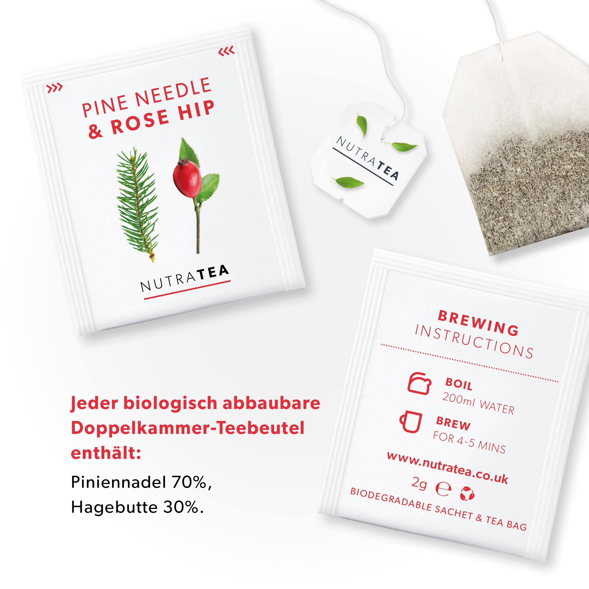 Nutra Tea Hagebutten & Kiefernnadeln Tee - Hagebuttentee zur Unterstützung des Immunsystem & Zellschutz - 120 Verpackte, Wiederverwendbare Teebeutel - Kräutertee - (6 Packung) | Kiefernnadel-Teemischung, einzeln verpackte Teebeutel, botanischer Aufguss, k