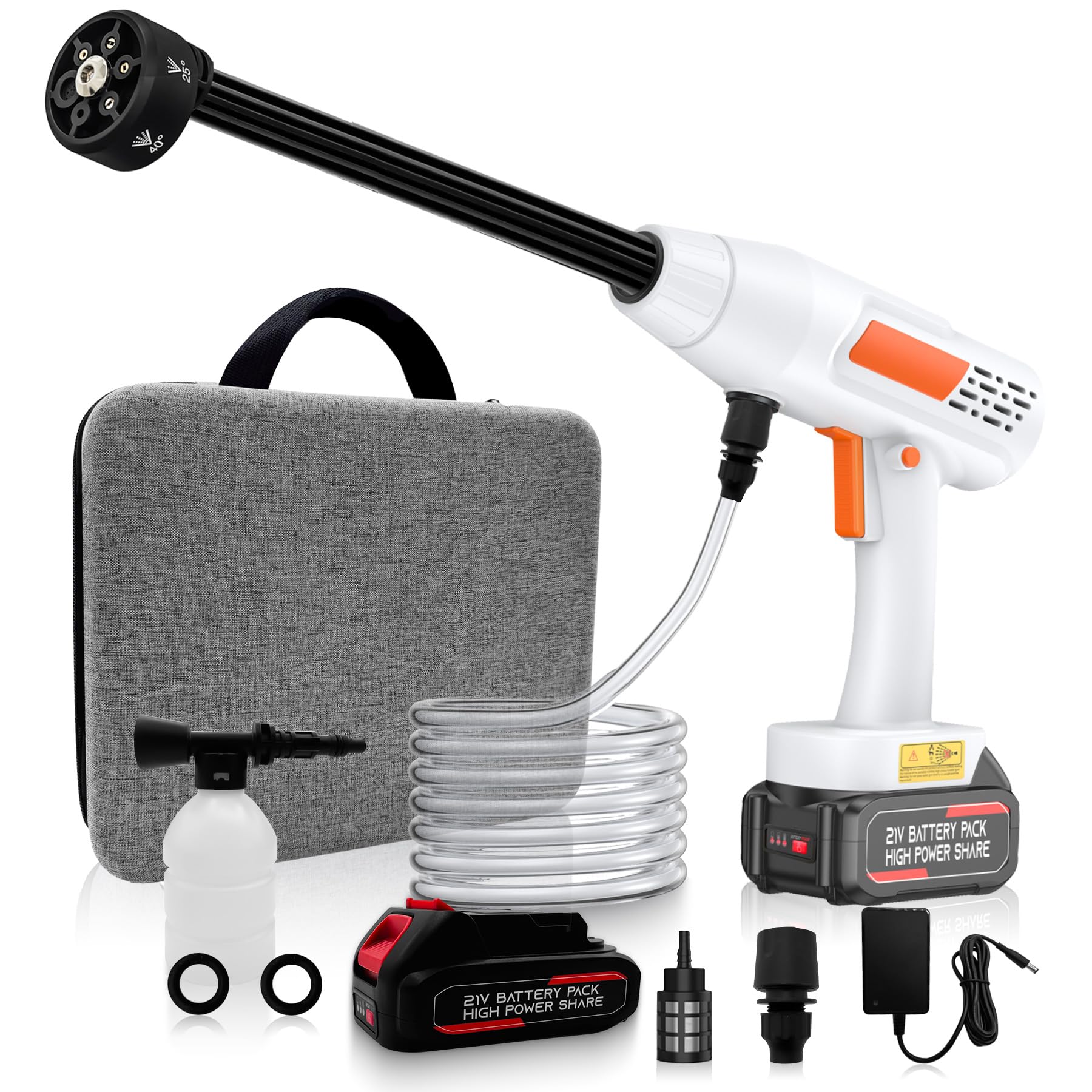 Hidrolimpiadora de Alta Presion, Hidrolimpiadora Bateria Portatil, Pistola de Agua a Presión con Boquilla 6 en 1, 1xBatería, para Coche,Jardín Limpieza y Riego