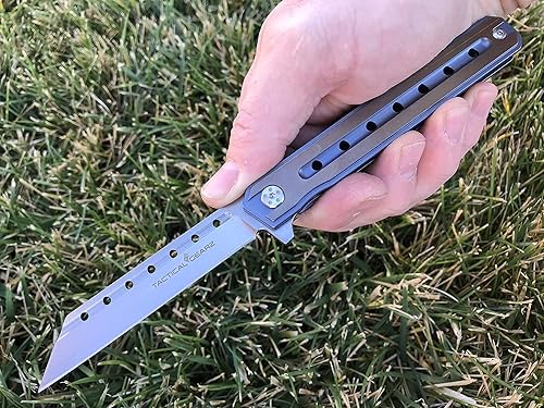 Miniatura 6 de TACTICAL GEARZ Cuchillo de bolsillo de titanio para EDC, mango de titanio sólido Tc4, hoja tanto de acero D2 incluye funda (Onyx BB)