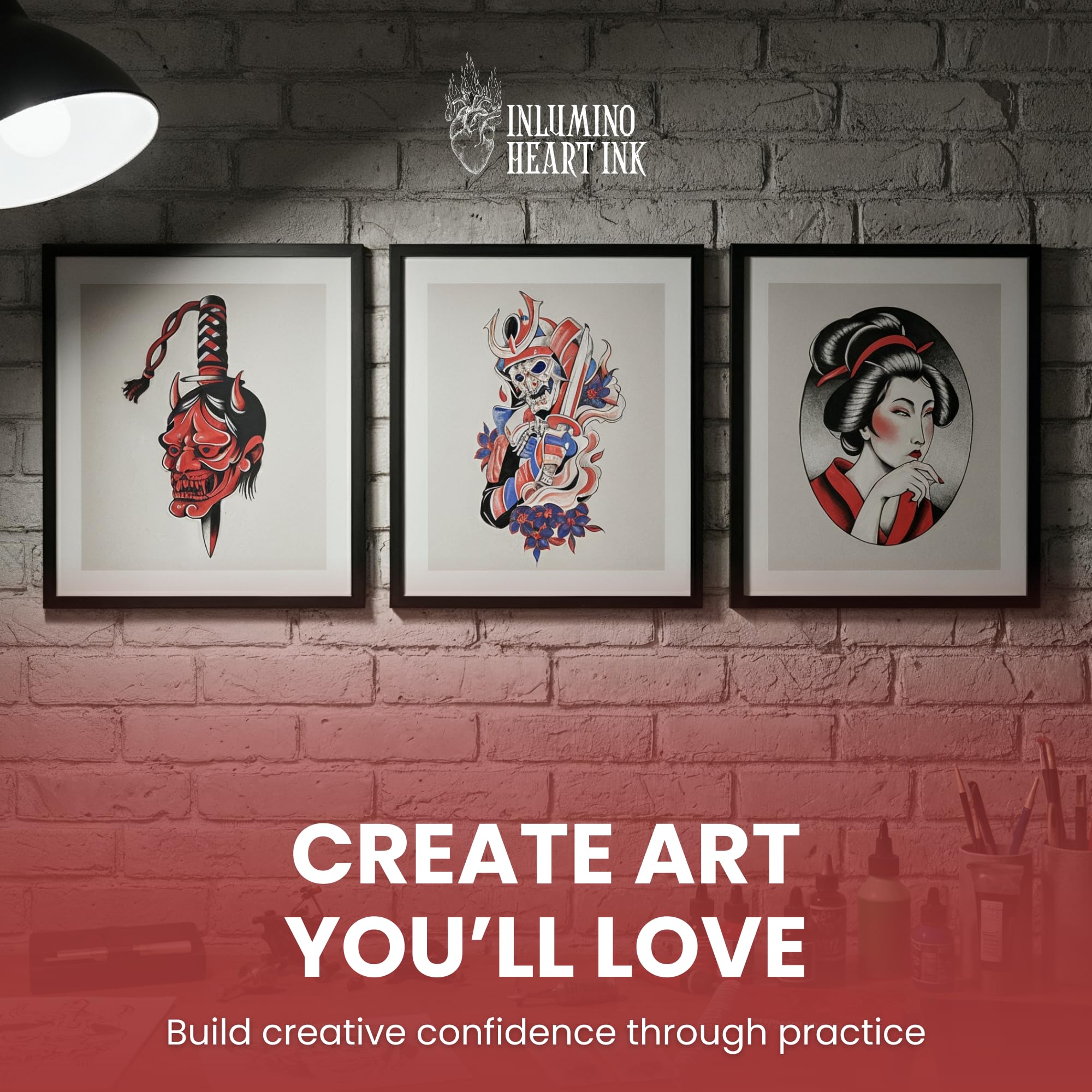 Inlumino Heart Ink Libro de práctica de tatuajes para colorear: tradicional japonés, libro de arte encuadernado en espiral con 40 diseños en páginas texturizadas de 240 g/m², uso con cartuchos de
