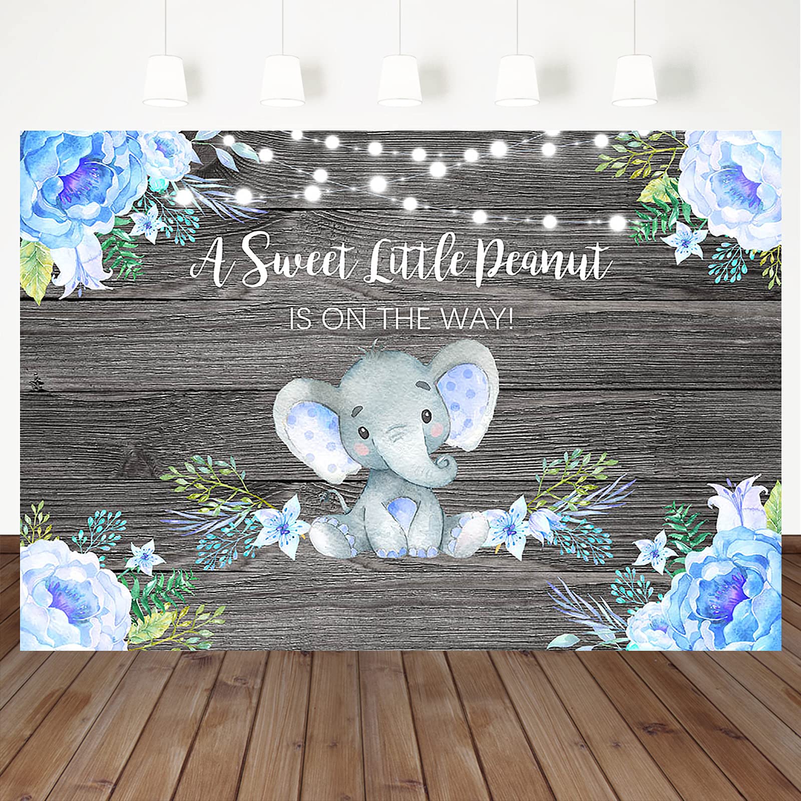 MocsickaMocsicka Blue Elephant Baby Shower Backdrop Rustic Wood A Sweet Little Peanut Background Elephant Boy Baby Shower Party Cake Table Decoration Banner Photo Booth Props (7x5ft)