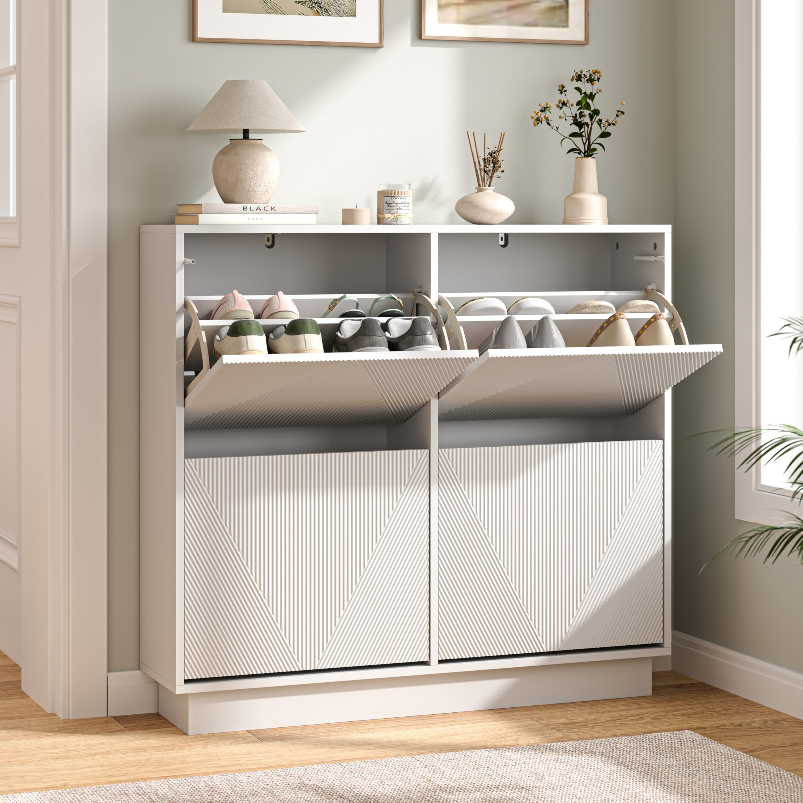 UEV Slim Shoe Cabinet with 4 Flip Drawers, Carved Line Fronts, Narrow Storage Unit with Anti-Tip Design for Entryway, Living Room or Hallway, White