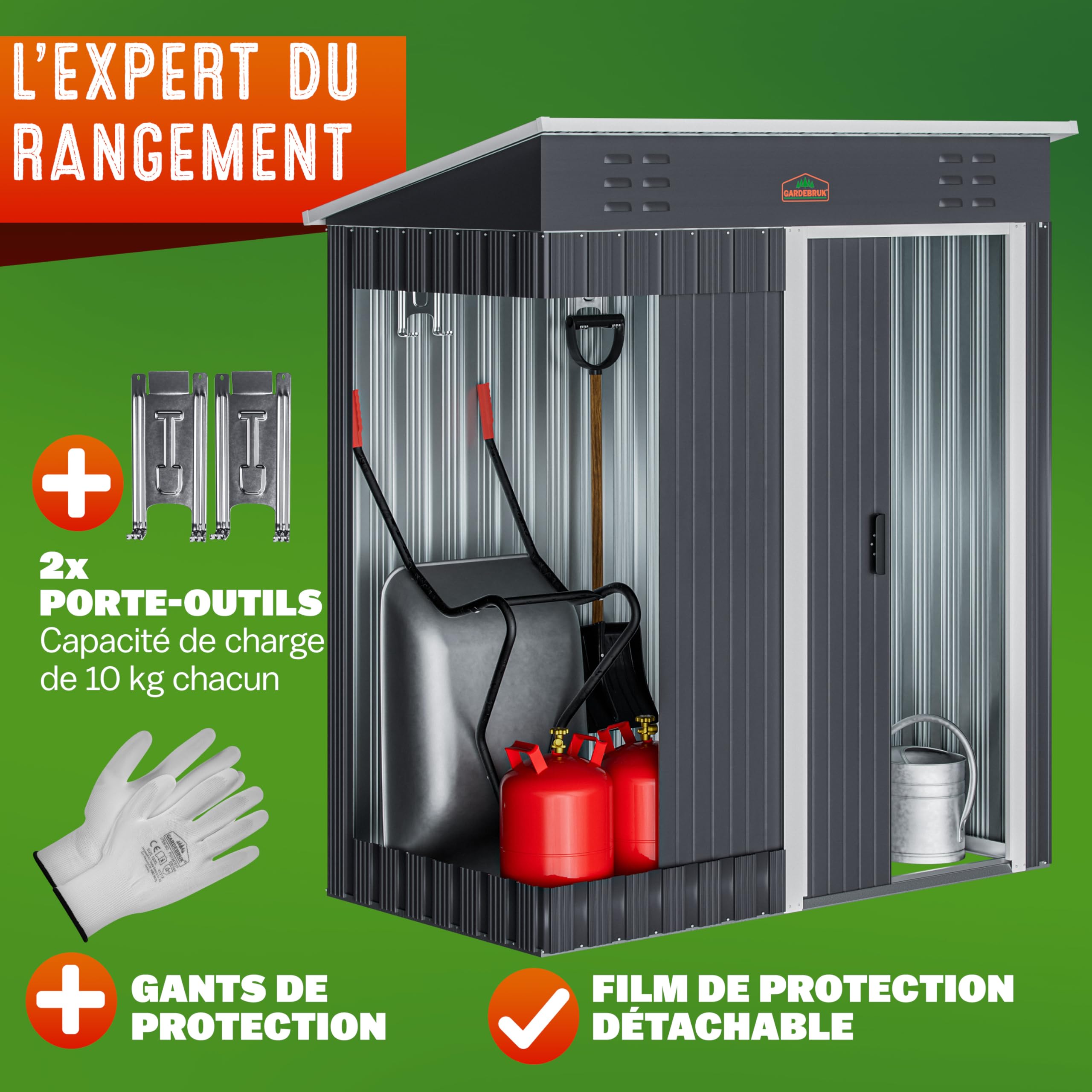 GARDEBRUK® Abri de Jardin métal Inoxydable 185x165x90cm 1,5m² Crochets 20kg Gants Porte coulissante Anthracite cabane Jardin cabanon Rangement Outils