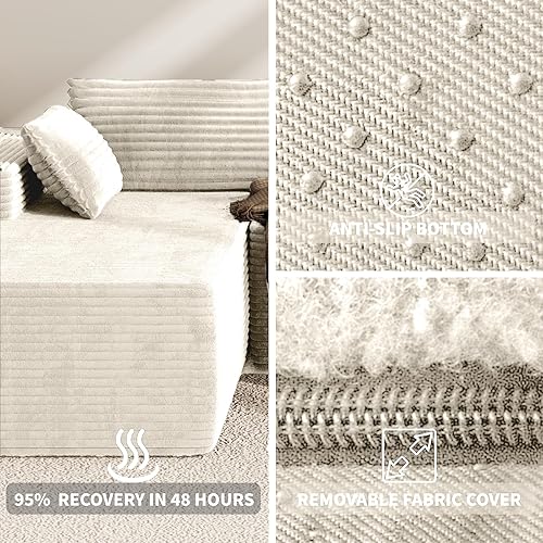 Miniatura 7 de Kingdura Sofá modular Cloud de 105.5 pulgadas con diván en forma de L, moderno sofá modular beige con asiento profundo, tela de pana, no requiere