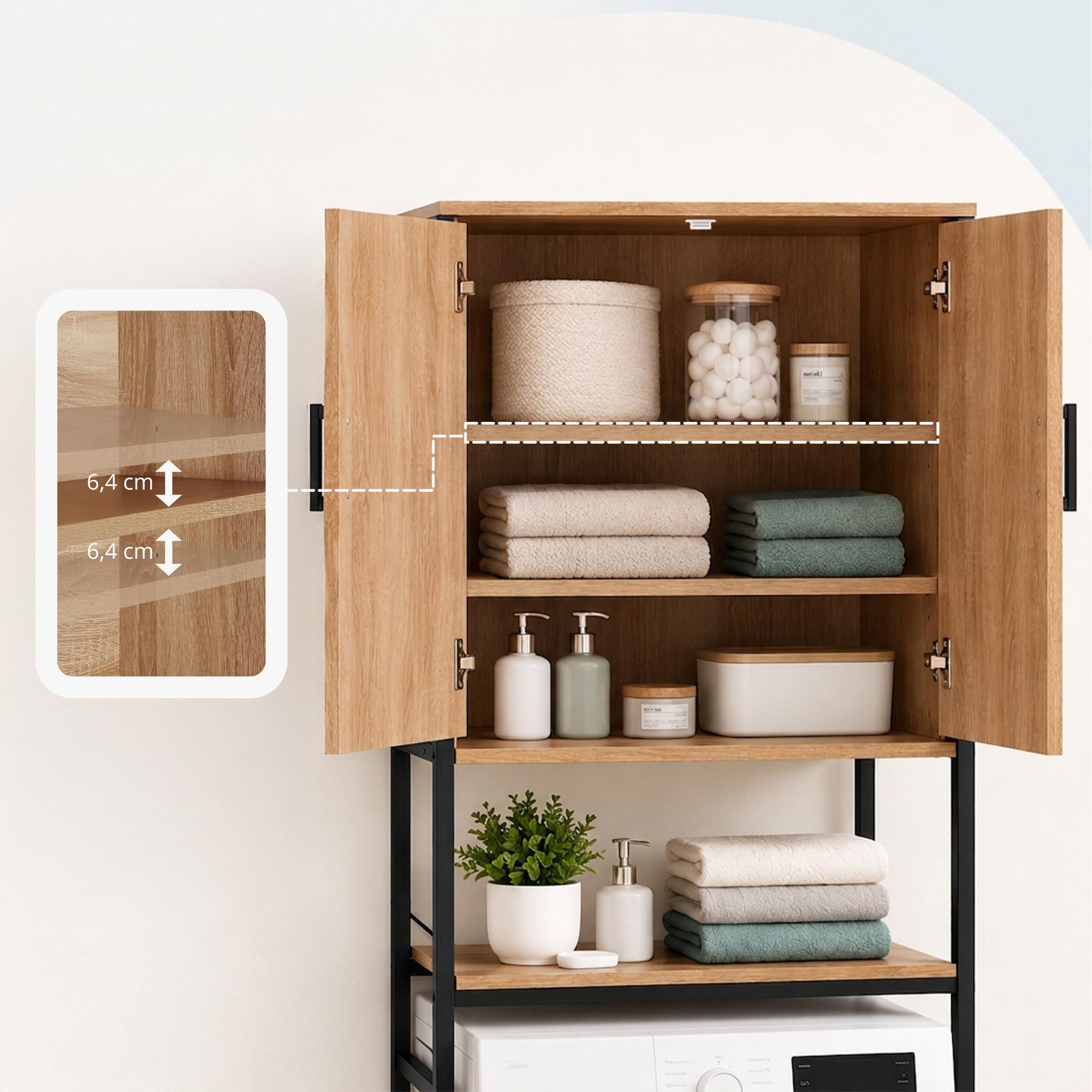 Szafka pod pralkę Relaxdays – półki, drzwiczki, kolor naturalny/czarny | Półka na pralkę, suszarkę i toaletę – wymiary: 170 x 64,5 x 27 cm