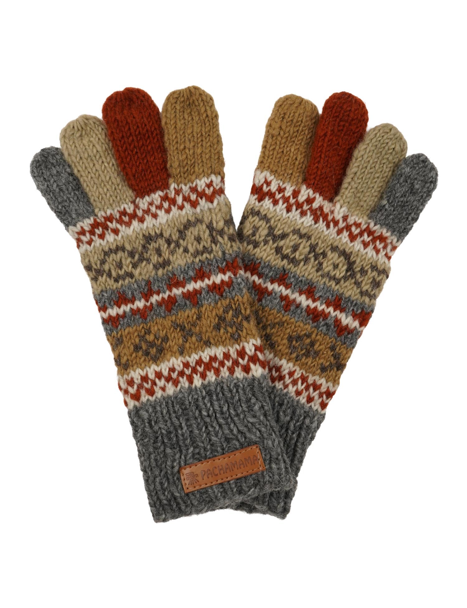 Pachamama Women's Grey Wool Gloves Handknitted Fair Isle One-Size Handmade Extra Warm Fair Trade